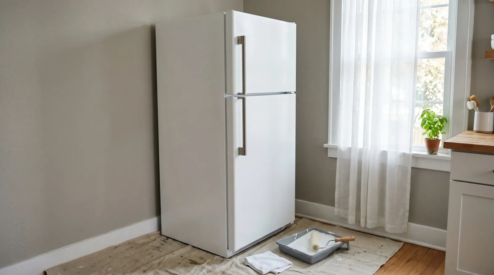 Freshly recoated white side-by-side refrigerator in a contemporary kitchen with soft daylight from a sheer-curtained window