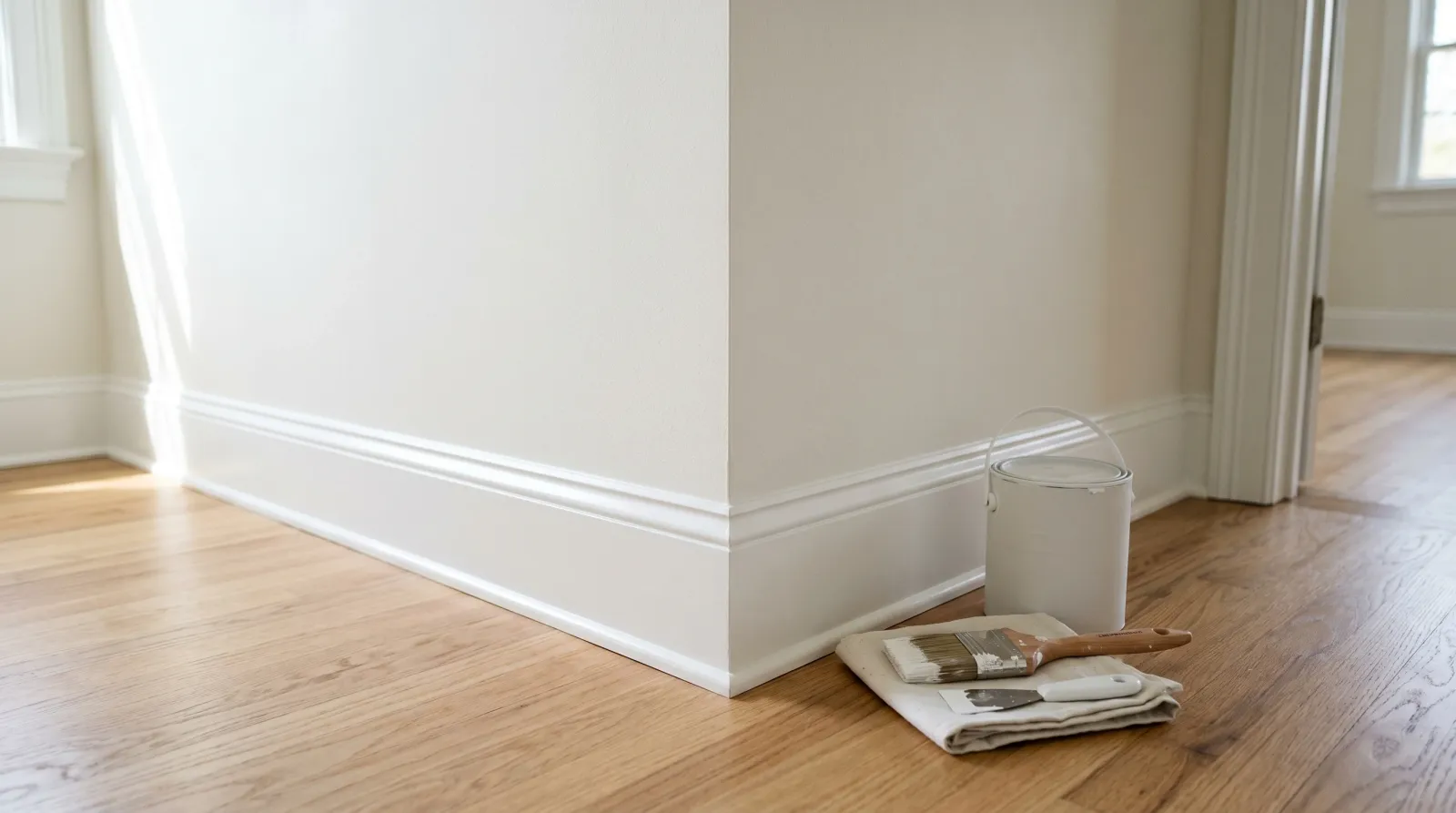 Freshly repainted white semi-gloss baseboard along a warm-white hallway wall with a sash brush and drop-cloth on hardwood