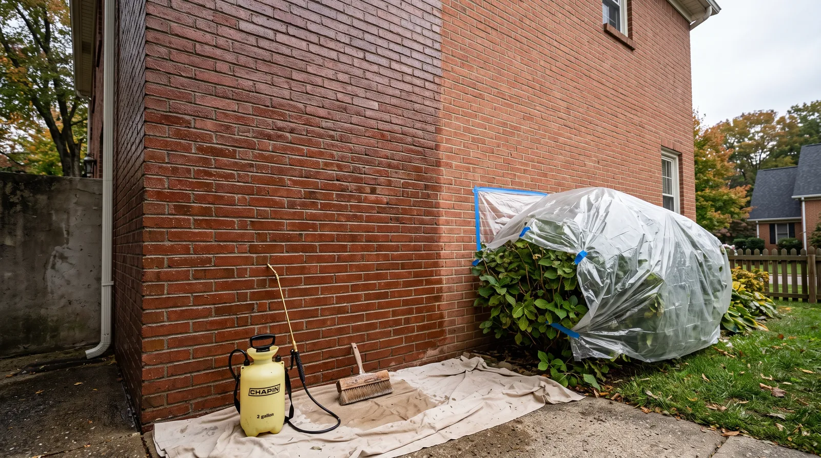 Residential red brick wall mid-application of a clear penetrating water repellent, the treated section darker and damp beside the untreated dry brick