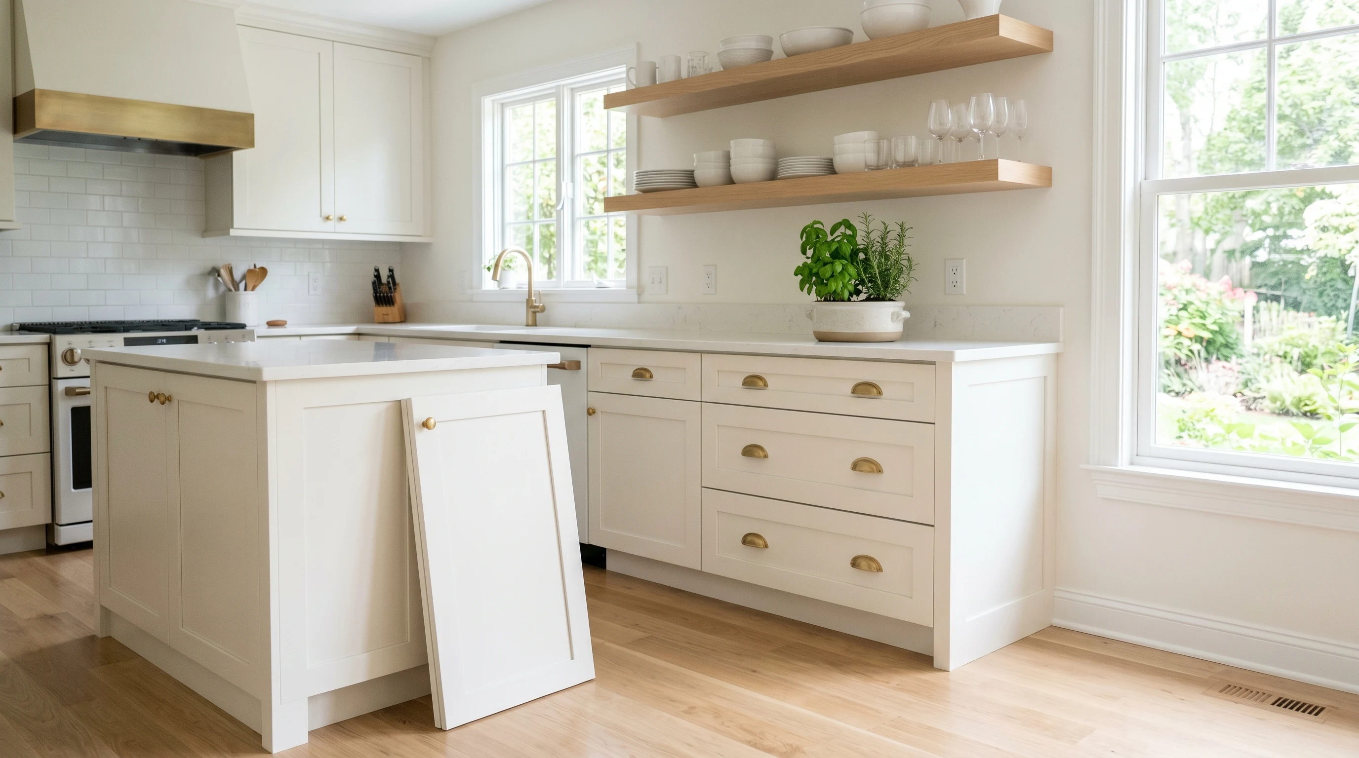 Bright kitchen with freshly repainted white shaker cabinets, brass cup pulls, light oak shelves, and a single open door showing a clean paint film