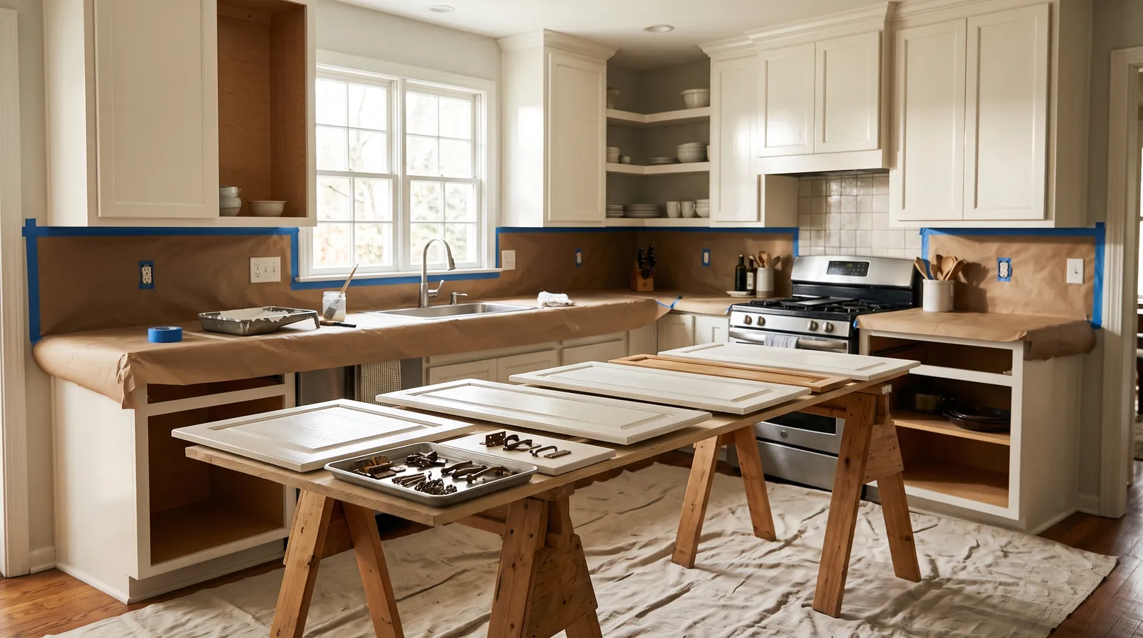 Residential kitchen mid-refinish with freshly coated white upper cabinets and removed doors laid flat on sawhorses over a drop cloth