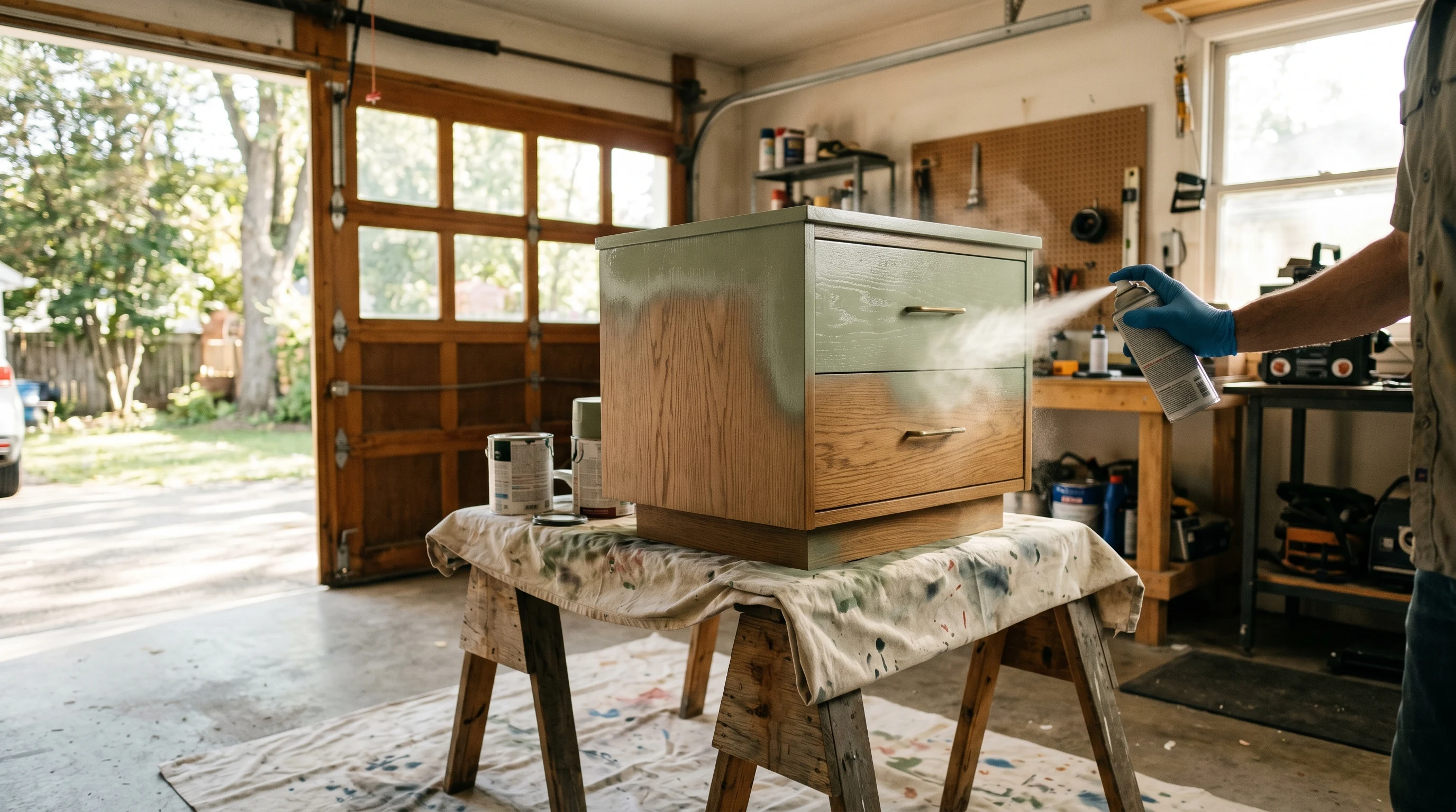 Small wood cabinet being refinished in sage green with an aerosol spray can in a sunlit garage