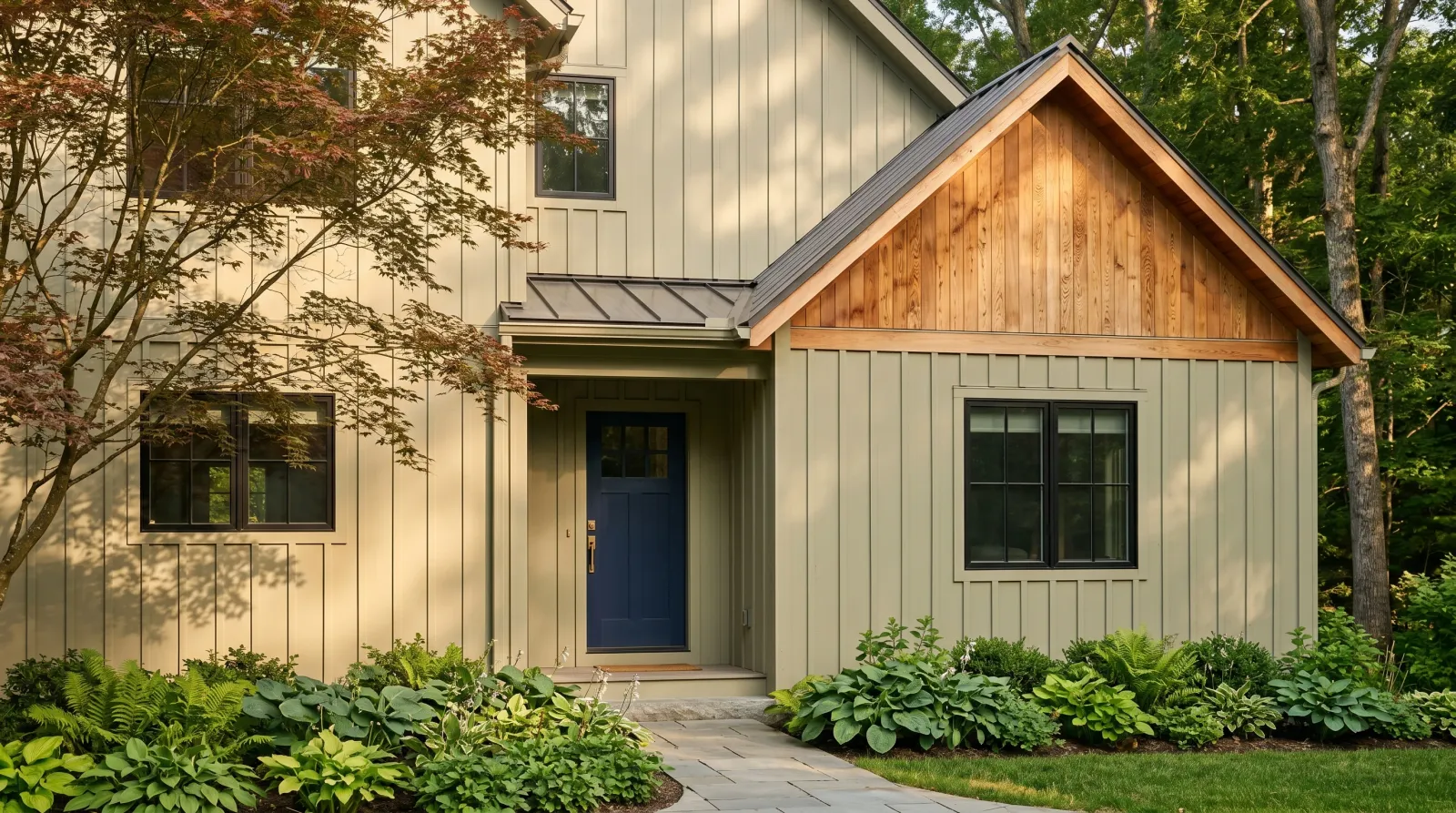 American home with cedar bevel siding in soft sage solid paint and one gable in natural semi-transparent stain in raking afternoon light