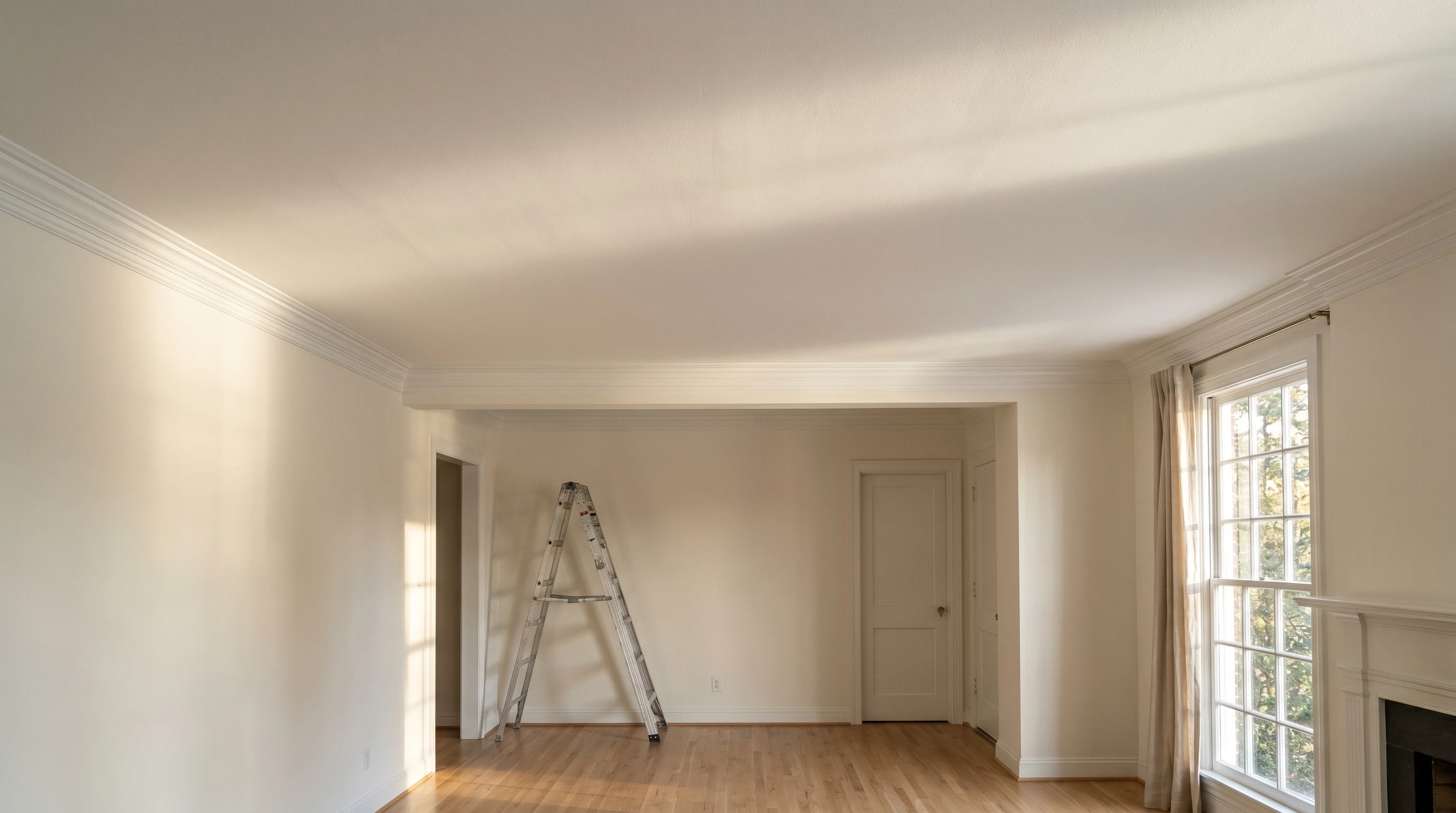Freshly repainted dead-flat white ceiling with crown molding under raking afternoon sunlight, ladder folded against back wall