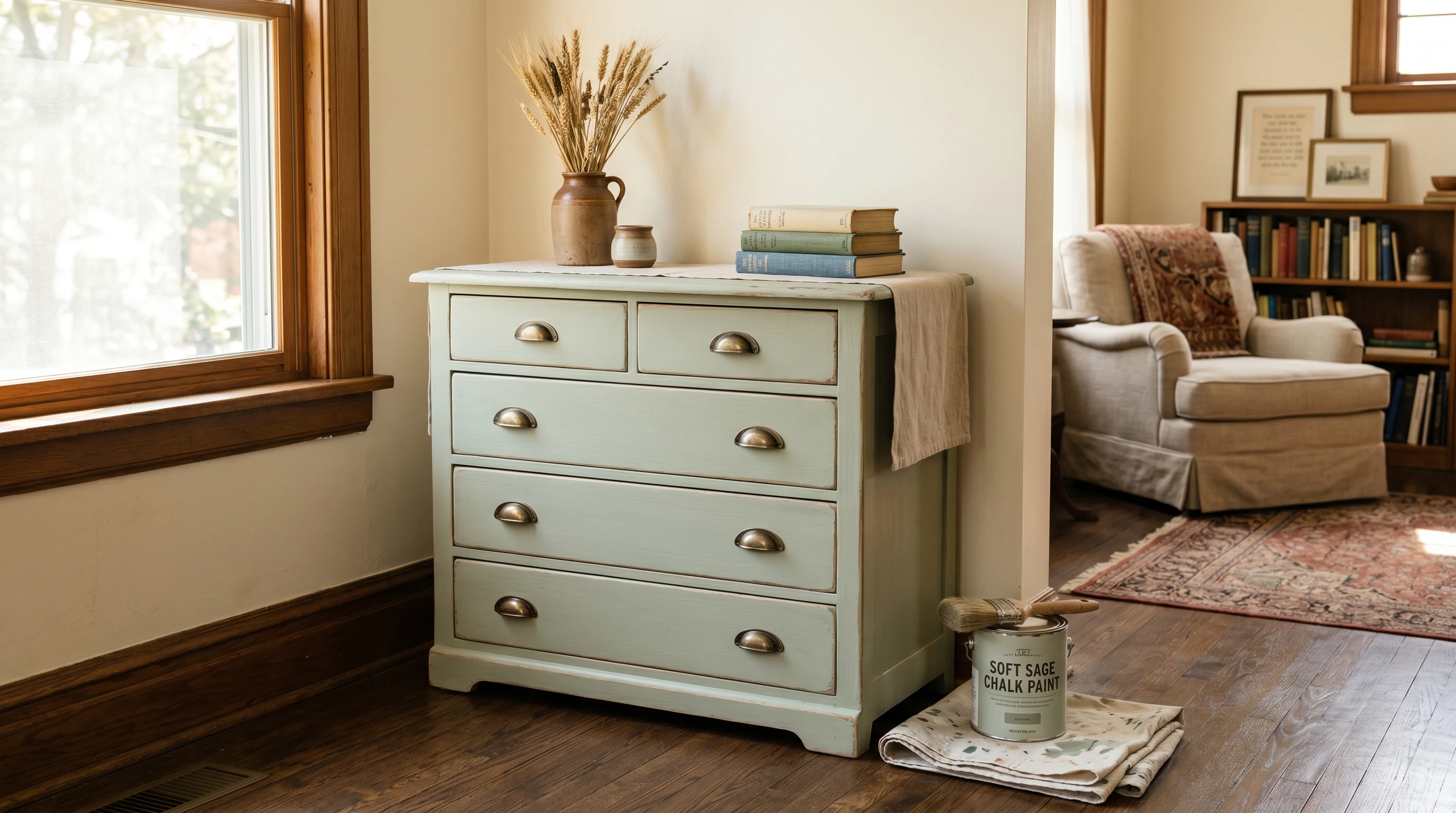 A sage-green chalk-painted farmhouse dresser with lightly distressed edges and brass pulls in a warmly lit craftsman living room