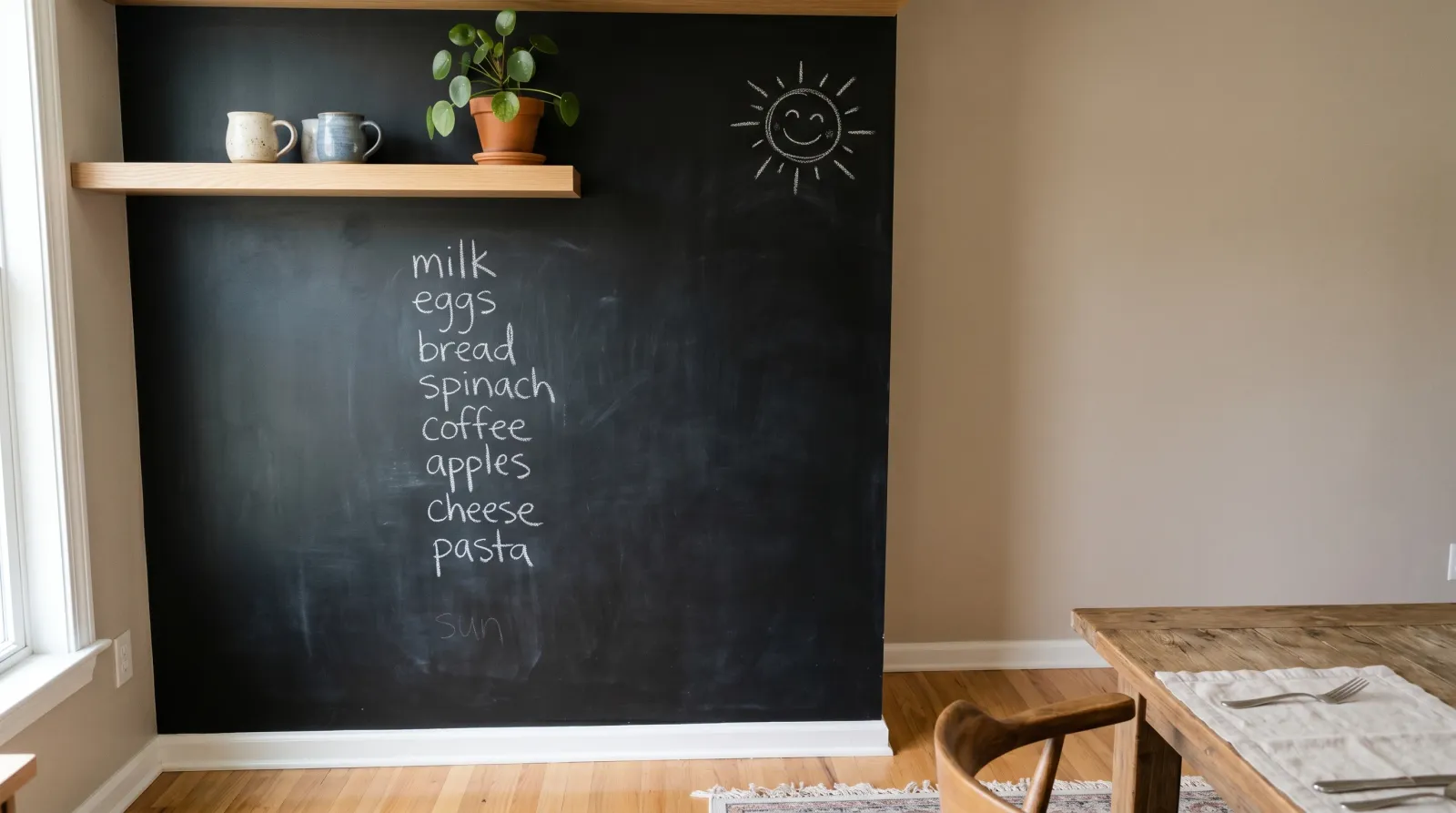 Residential kitchen nook wall painted as a matte black chalkboard with faint chalked grocery list, light oak shelf above and warm morning daylight