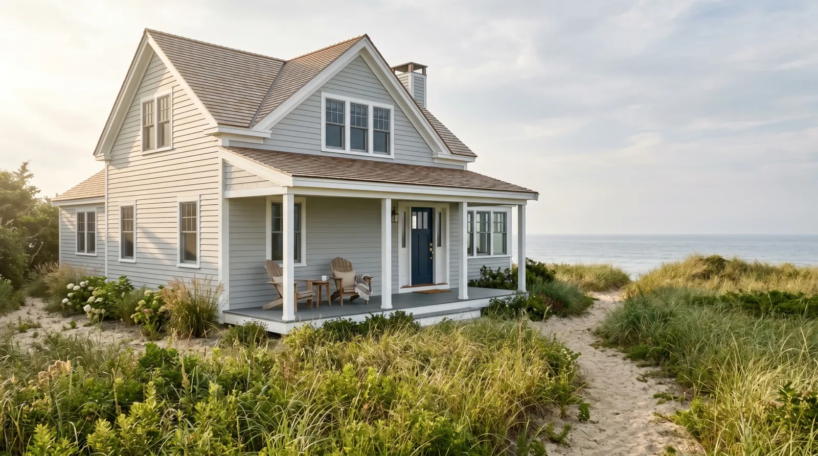 Newly repainted coastal home in fog-grey lap siding with warm-white trim, sea oats and dunes in the foreground