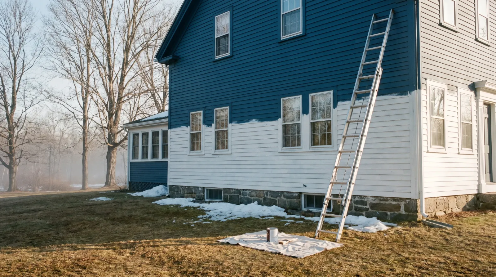 New England farmhouse mid-repaint in early-April light, fresh blue clapboard above older chalky white, melting snow at the foundation and a single paint can on a drop cloth in the cold morning sun