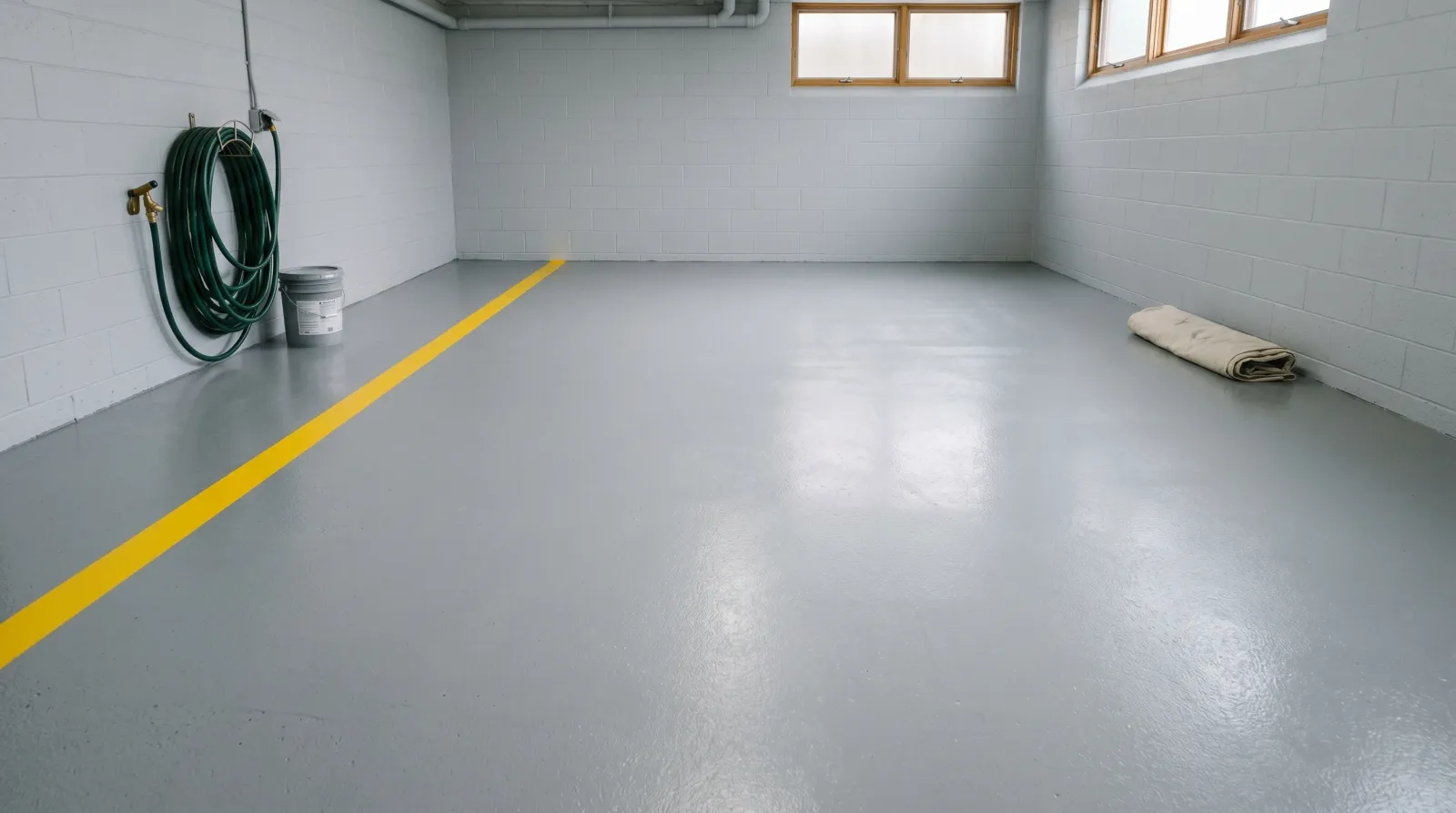 Freshly coated semi-gloss grey concrete floor in a clean workshop, soft daylight from a clerestory window, sealed pail and coiled hose at the back wall