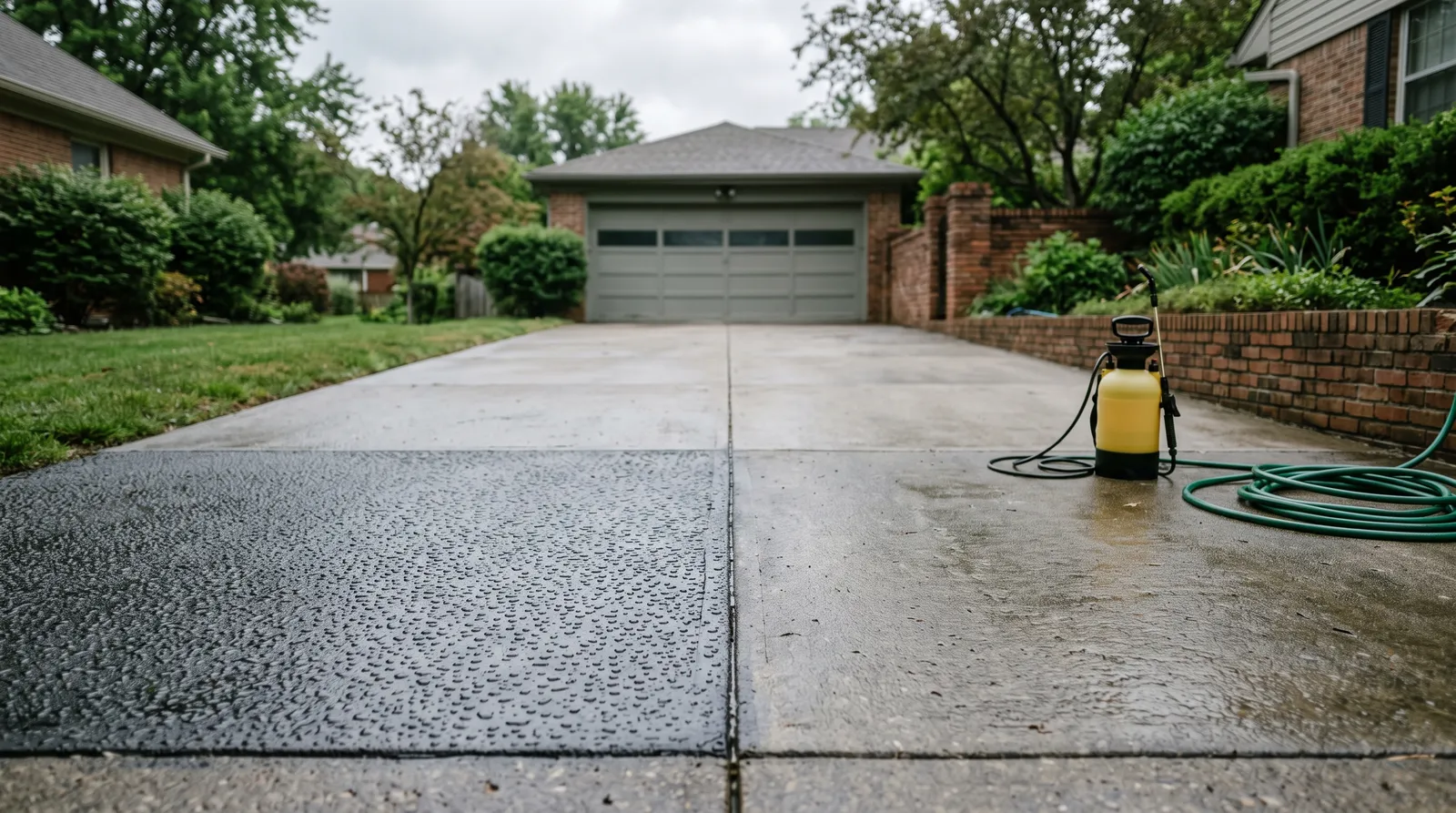 Residential concrete driveway half-sealed, with water beading tightly on the treated side and soaking in flat on the untreated side