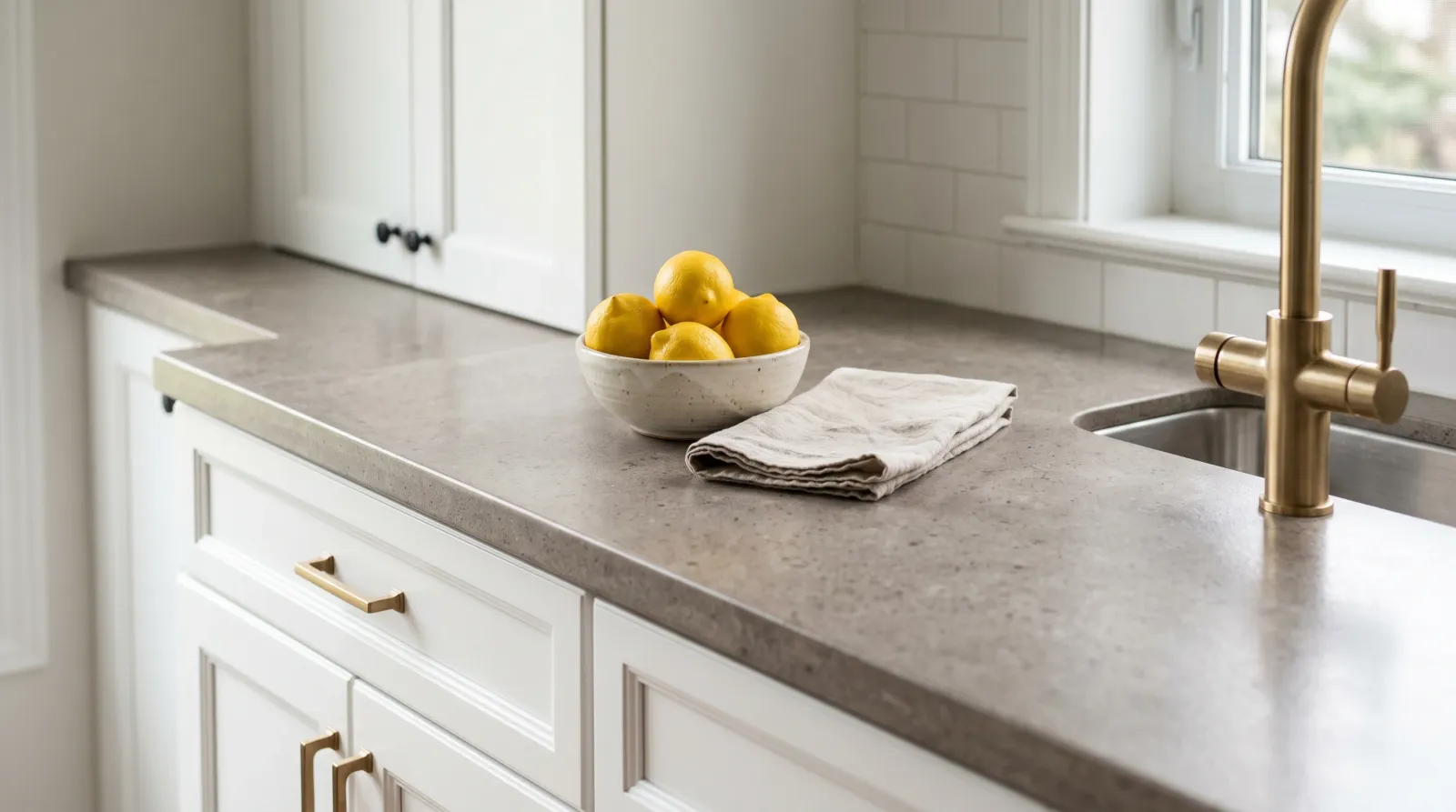 Freshly refinished kitchen countertop in a soft warm-grey faux-granite finish on white shaker cabinets, with lemons and a linen towel under soft daylight