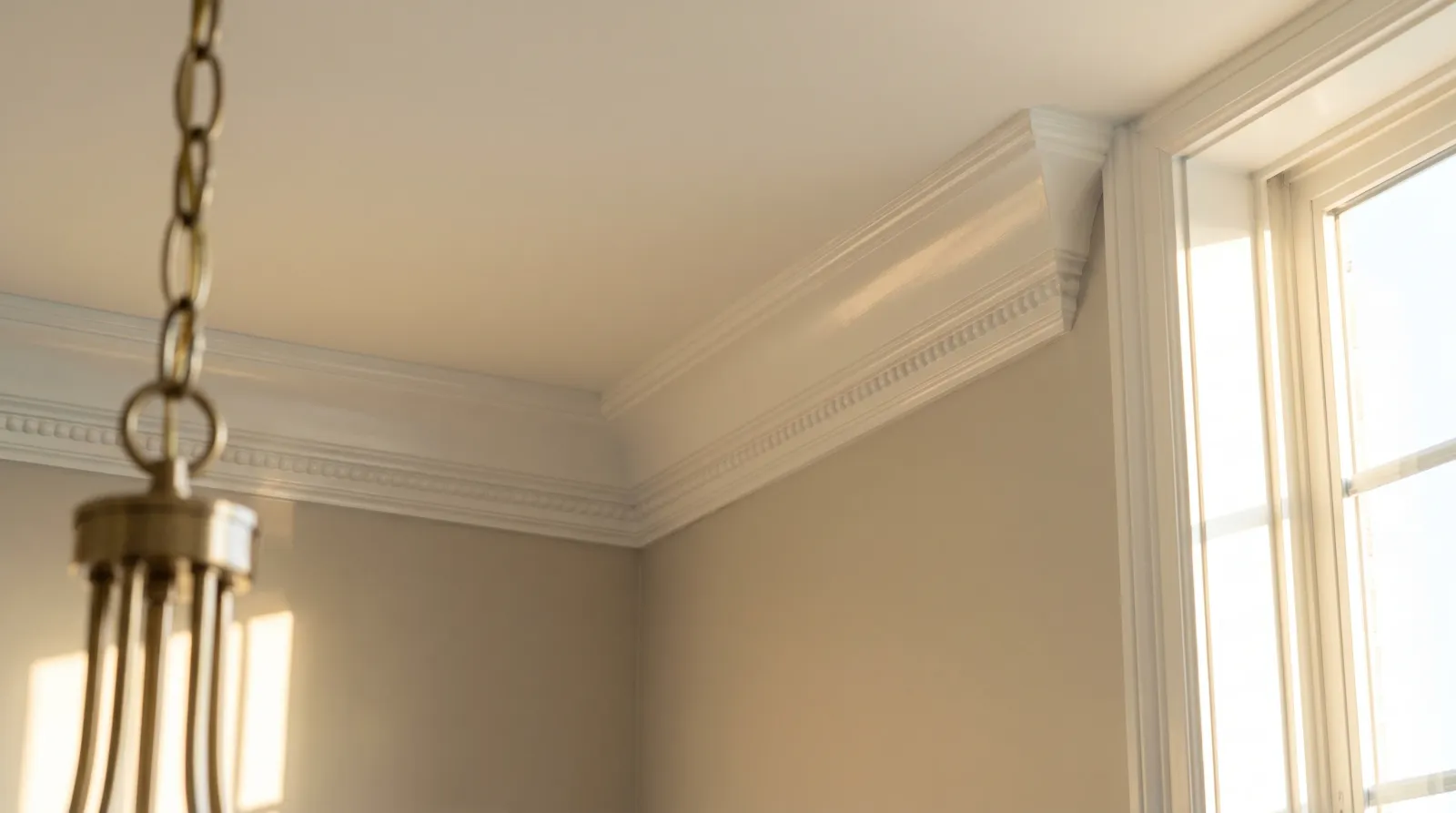 Freshly painted crisp white crown molding catching raking afternoon light at the corner of a sunlit living room with greige walls and a flat ceiling