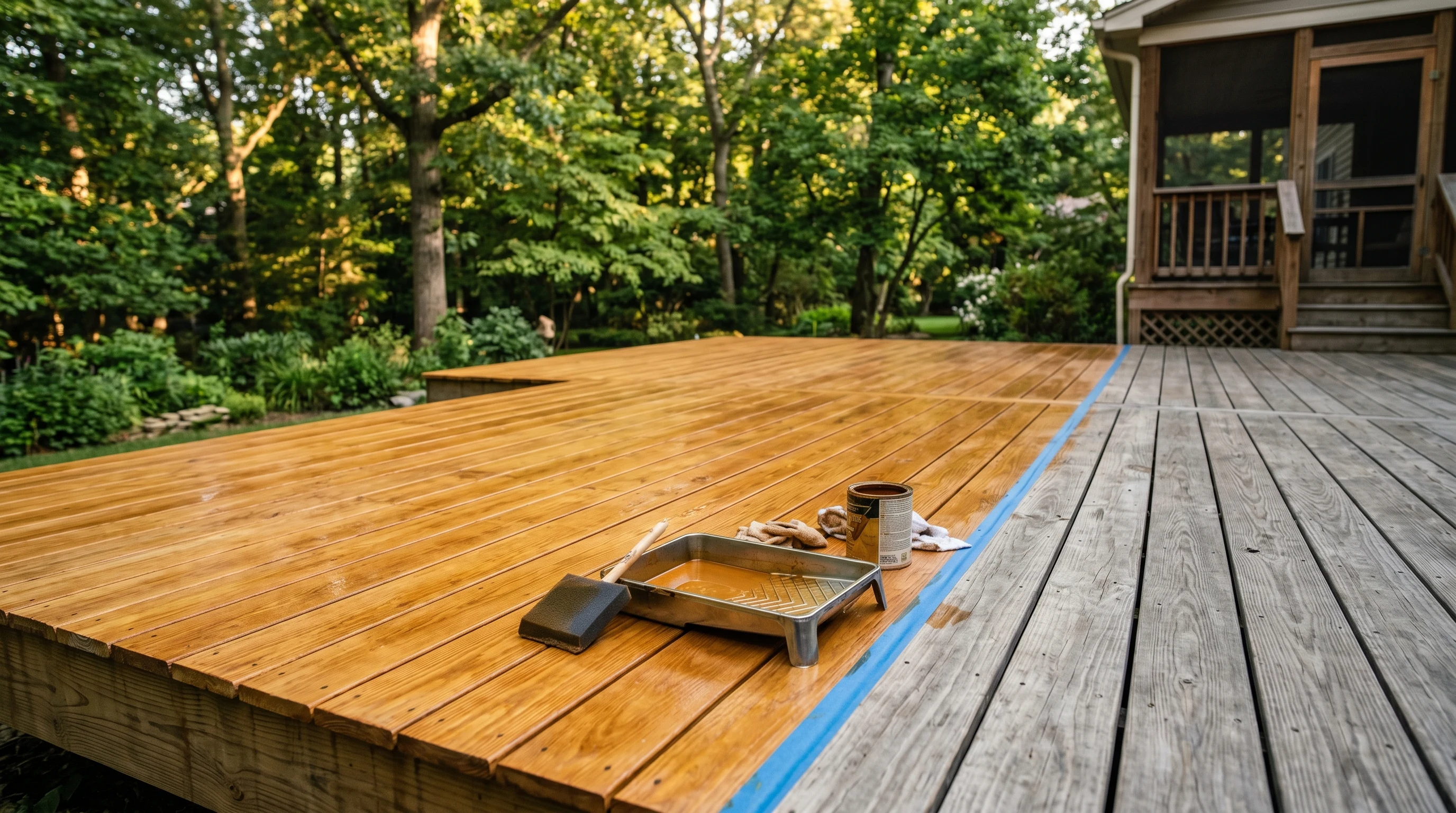 Cedar deck mid-stain in late afternoon light, two-thirds finished in warm honey semi-transparent stain with bare weathered cedar boards still visible at the far end