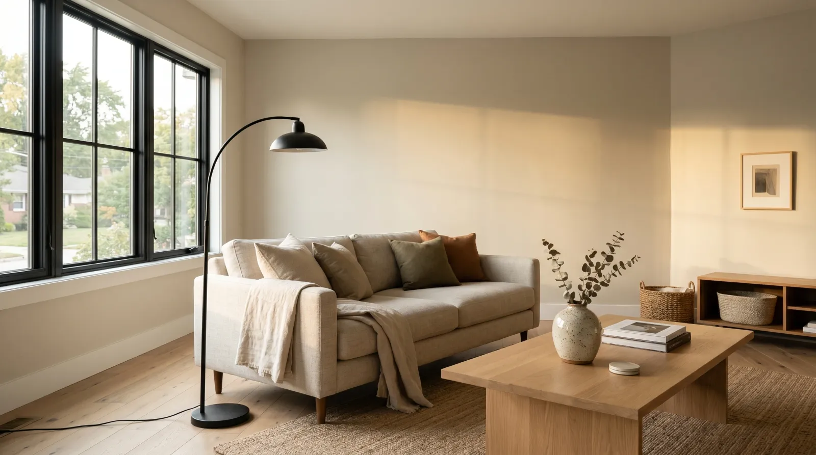 Sunlit contemporary living room with warm greige eggshell walls catching a soft sheen under late afternoon daylight