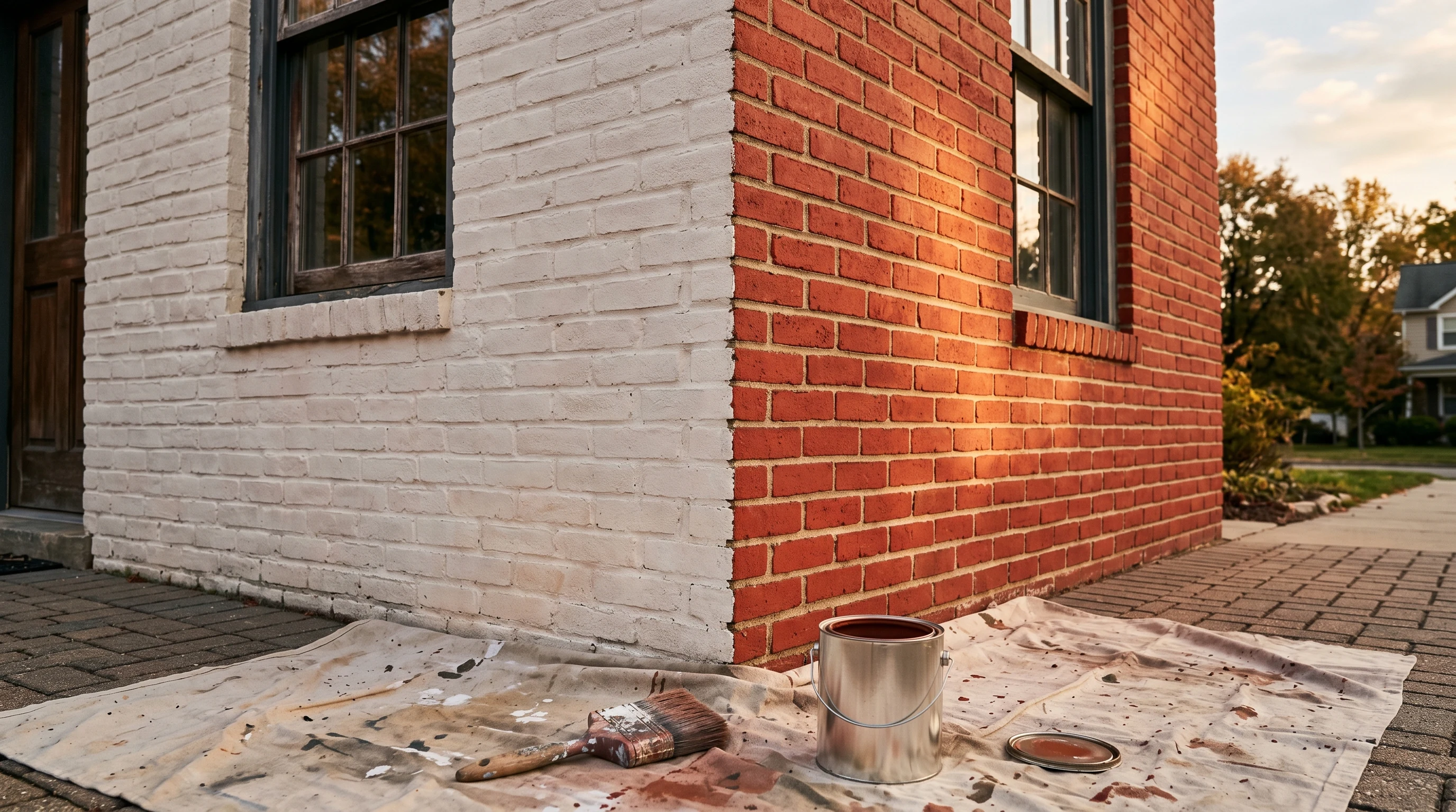 Half-painted red brick and half-limewashed brick exterior wall in late afternoon light with masonry brush and unbranded can on a drop cloth