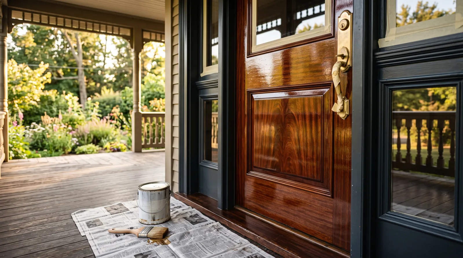 Freshly varnished mahogany front door glowing in late afternoon light on a covered porch, with a brush and quart can on newspaper beside it