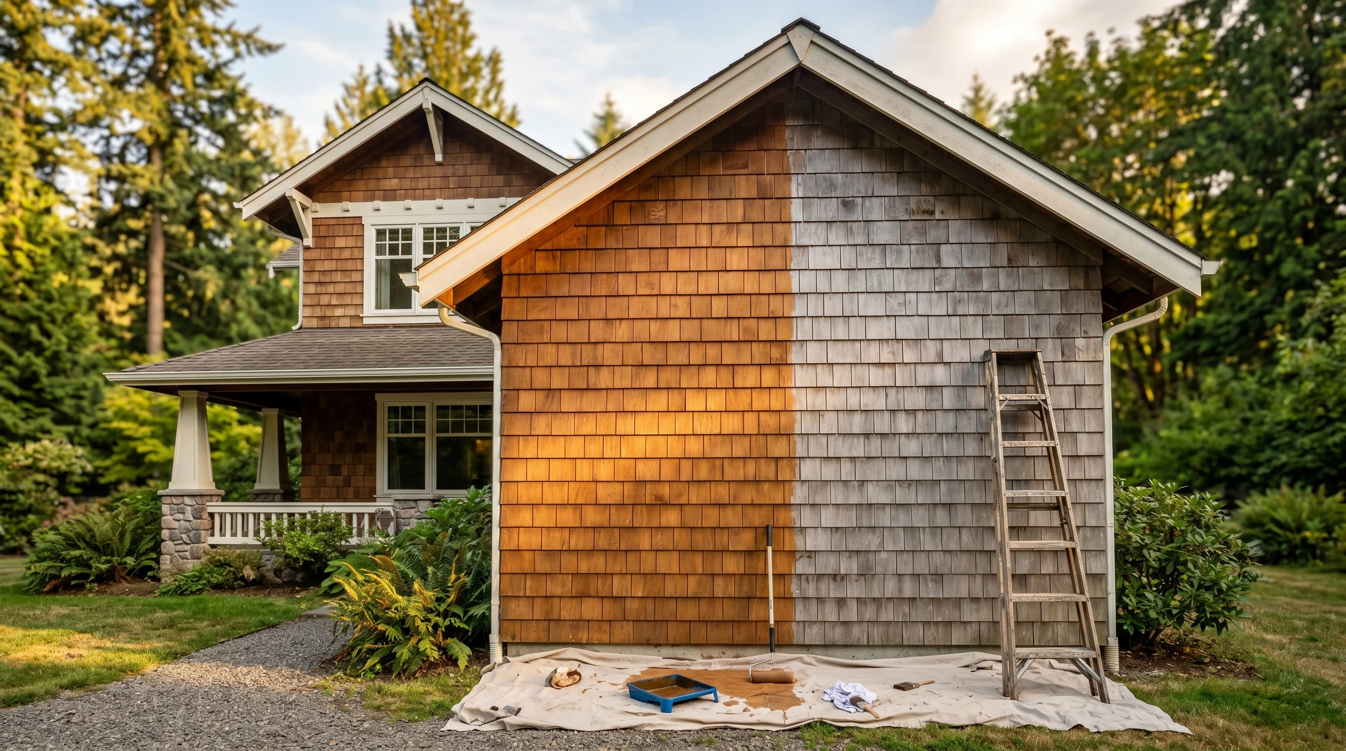 Cedar-shingle wall mid-stain in late afternoon light, half finished in a warm semi-transparent cedar tone with bare weathered shingles still visible on the other half