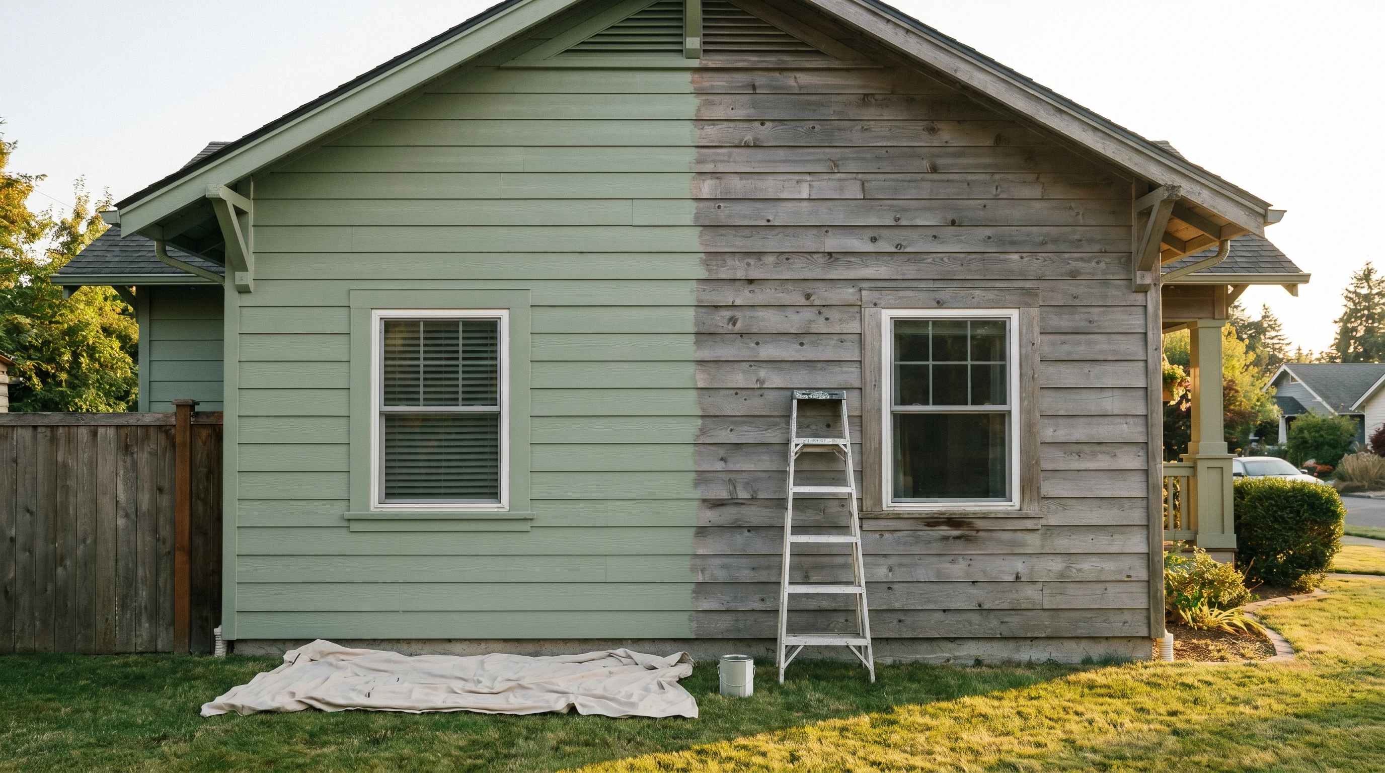 Craftsman bungalow with cedar lap siding mid-repaint — fresh sage paint on the left half, weathered grey cedar on the right, drop cloth and paint can at the base in late afternoon light