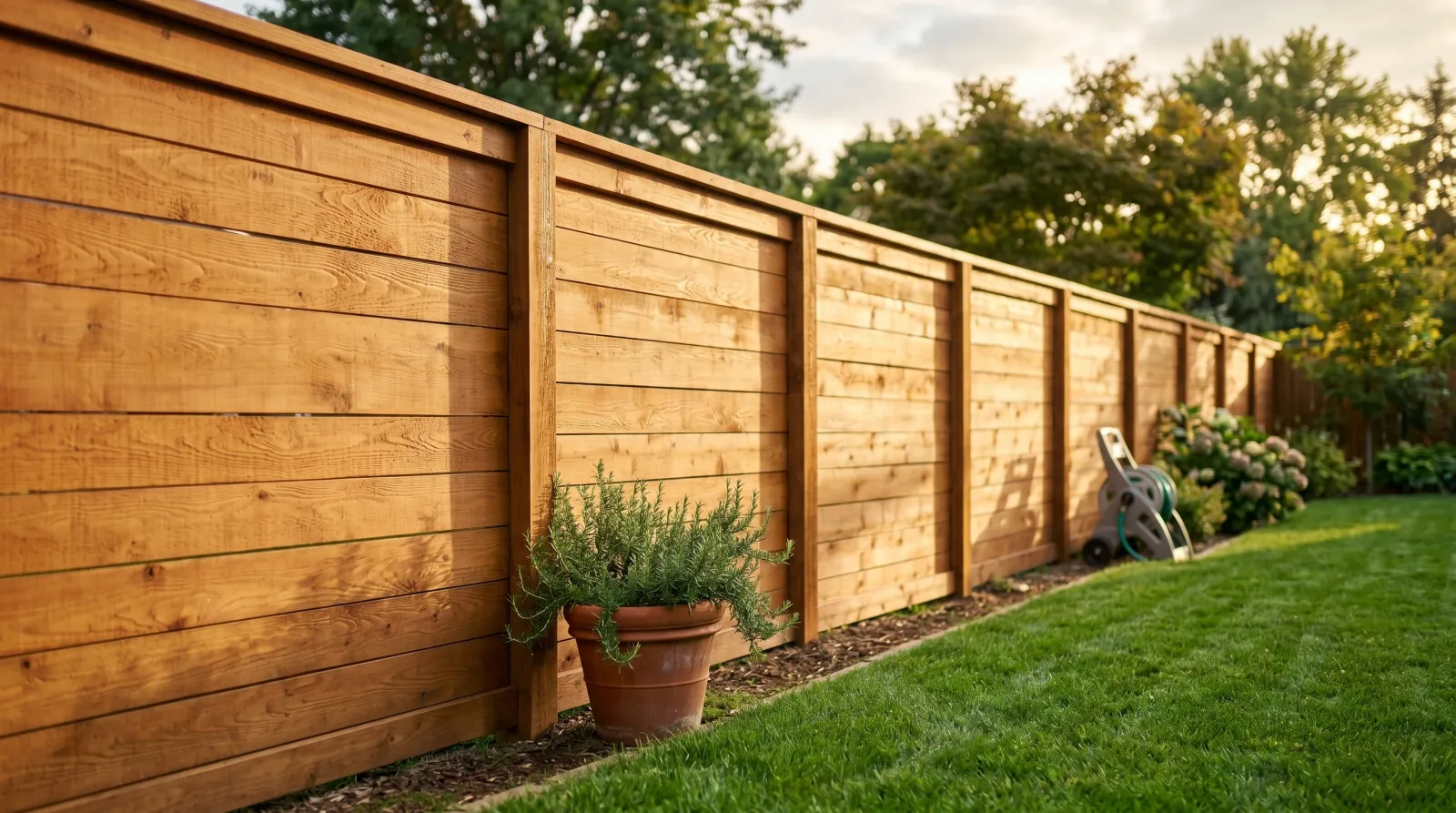 Newly restained cedar privacy fence in honey-tone semi-transparent stain, late-afternoon sun raking across the boards