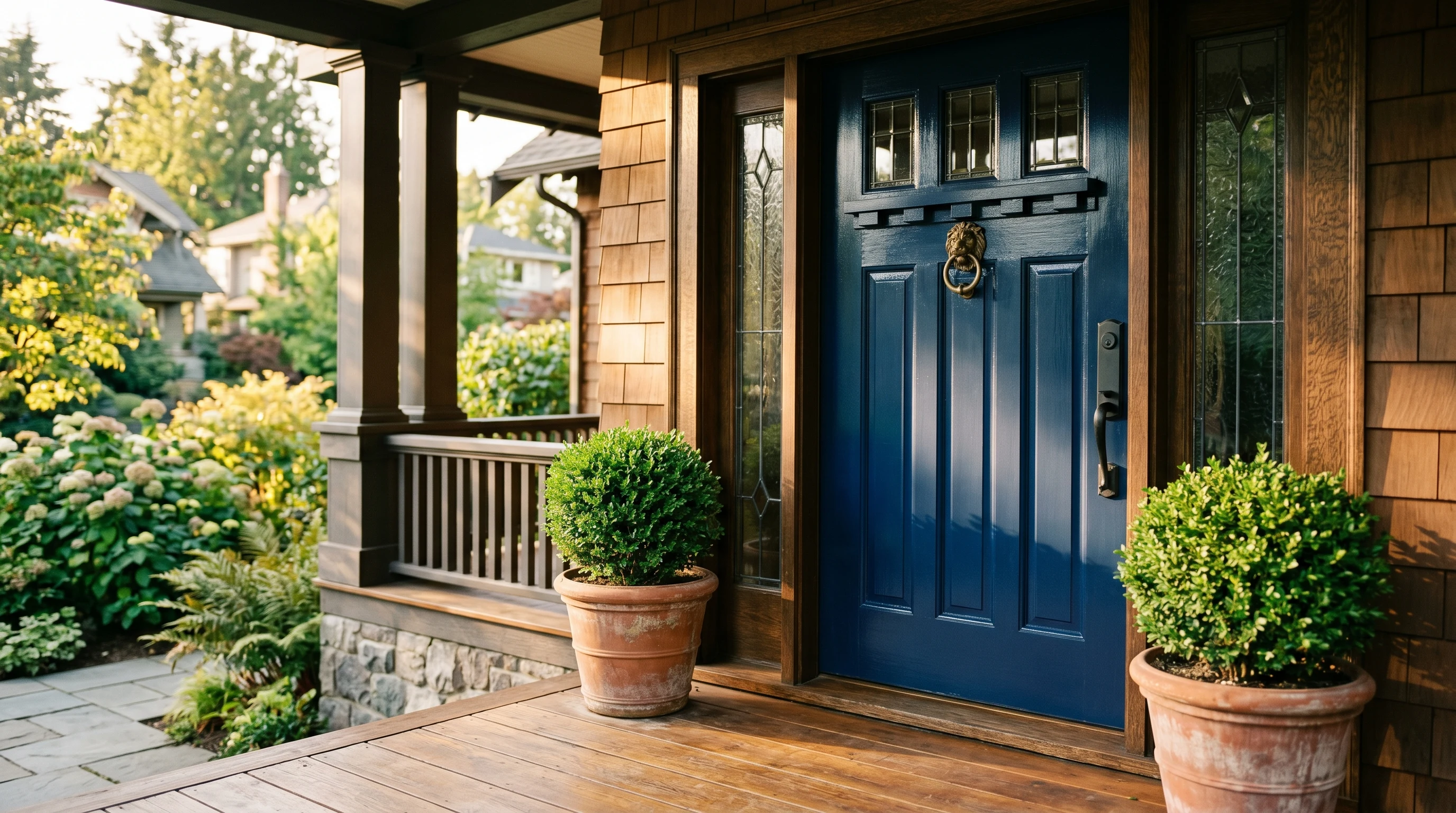 Freshly repainted deep navy front door on a craftsman porch in golden hour sun, brass knocker reinstalled
