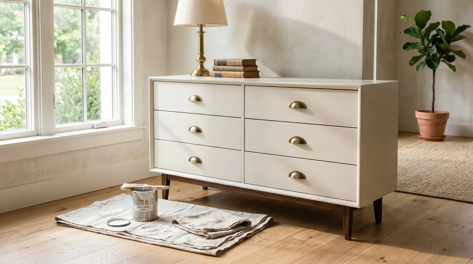 A warm-white satin-painted mid-century dresser with brass pulls and walnut legs in a sunlit living room with a brush and paint can on a drop cloth beside it
