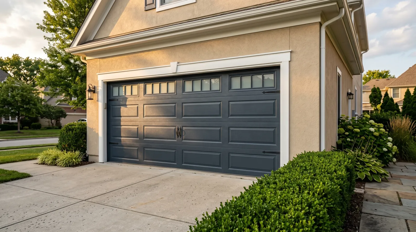 Freshly repainted charcoal garage door on a beige stucco American suburban home in late afternoon light