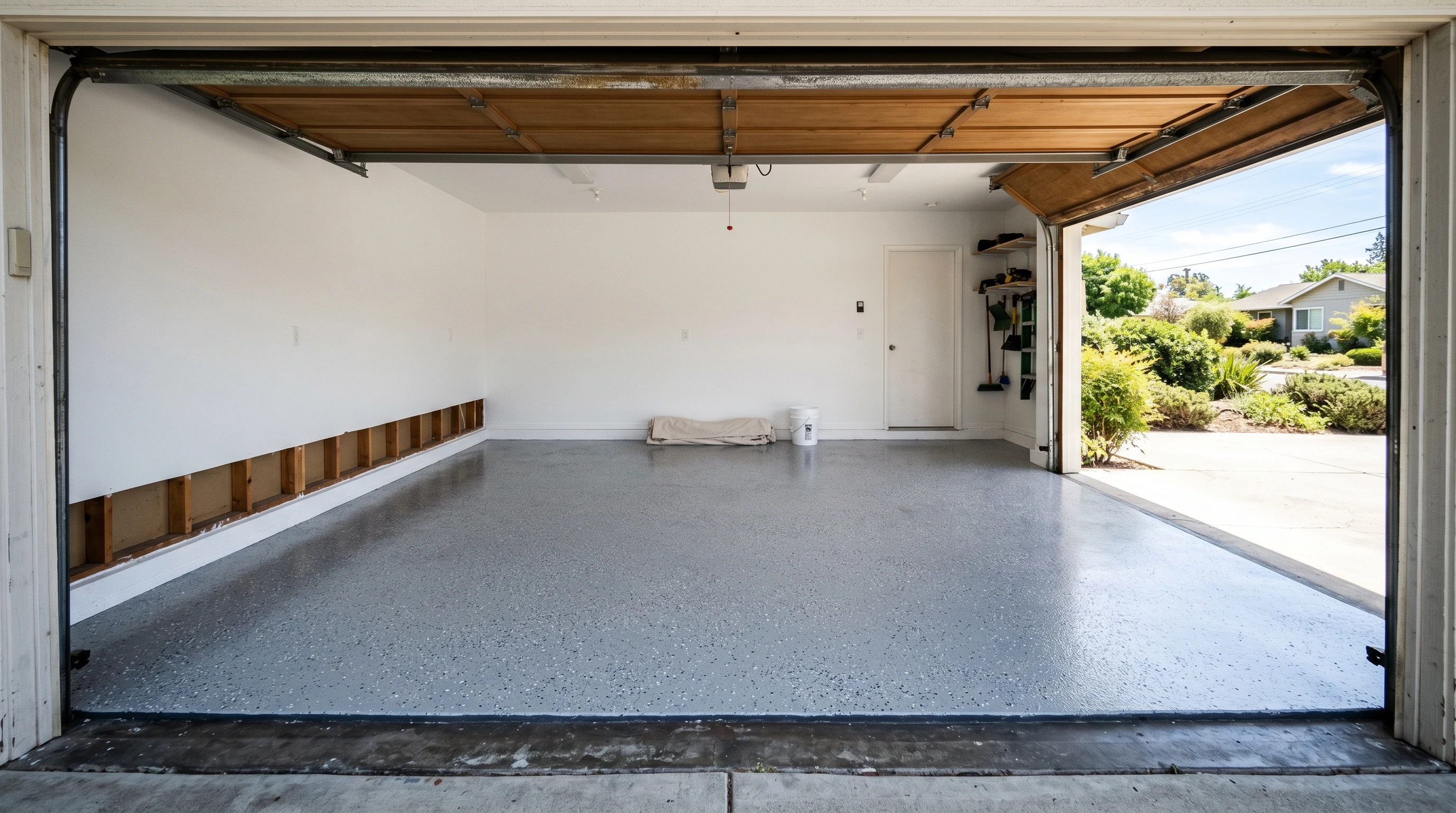Freshly coated mid-grey speckle-flake epoxy garage floor in a clean two-car residential garage with morning daylight from the open door