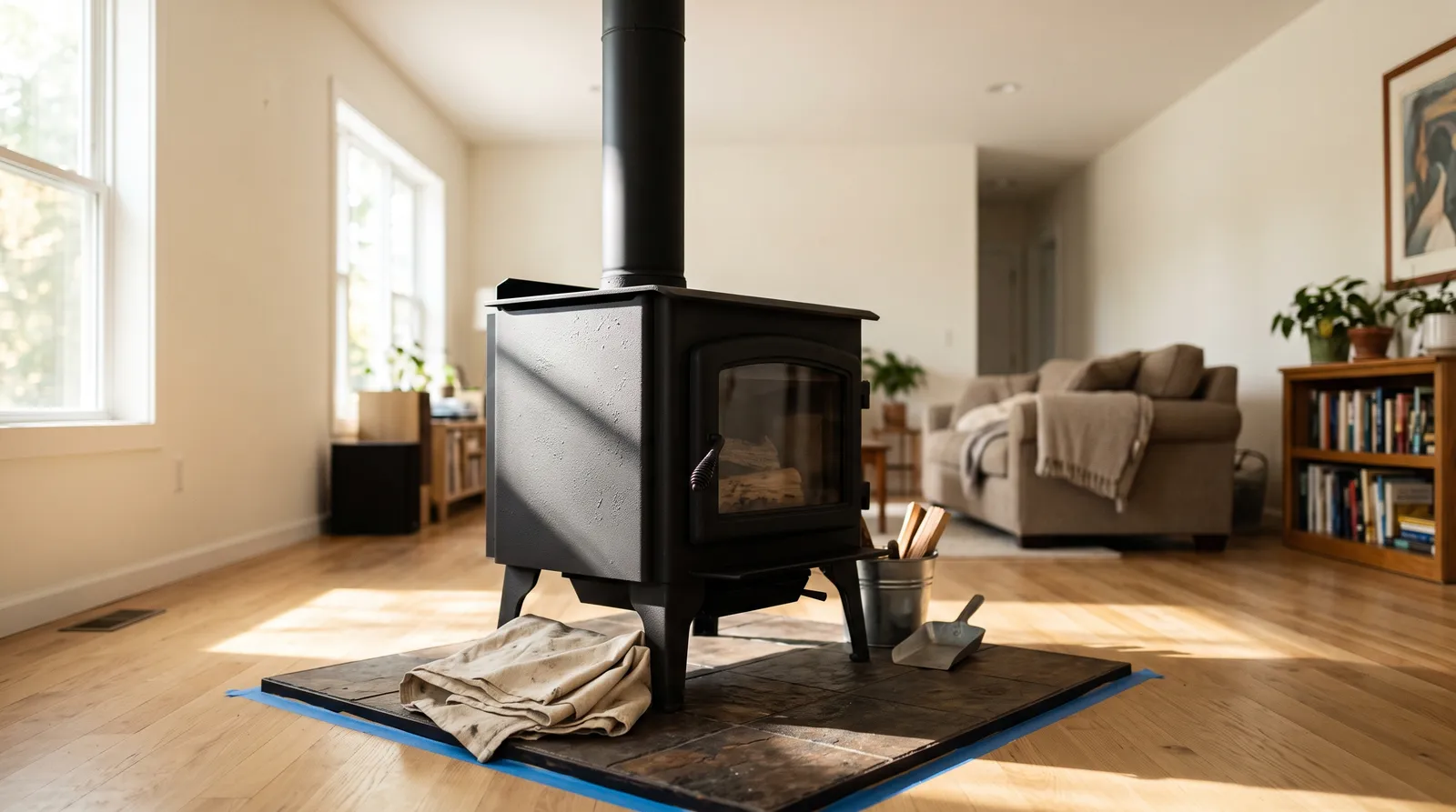Freshly repainted flat black cast iron wood stove in a bright living room with masking tape and a drop cloth still on the hearth tile