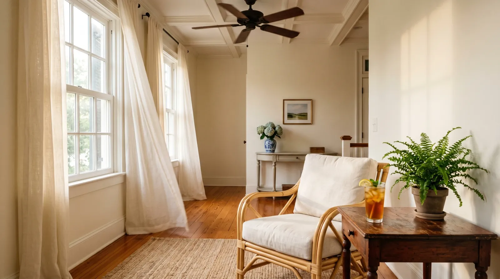 Sunlit humid-South living room with satin white walls, ceiling fan, sheer linen curtains, and pine floors on a summer afternoon