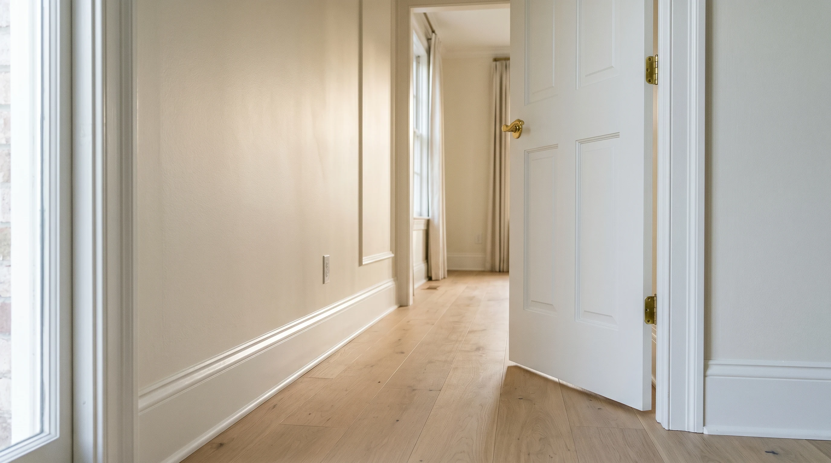 Freshly painted white semi-gloss interior trim and six-panel door with raking afternoon light