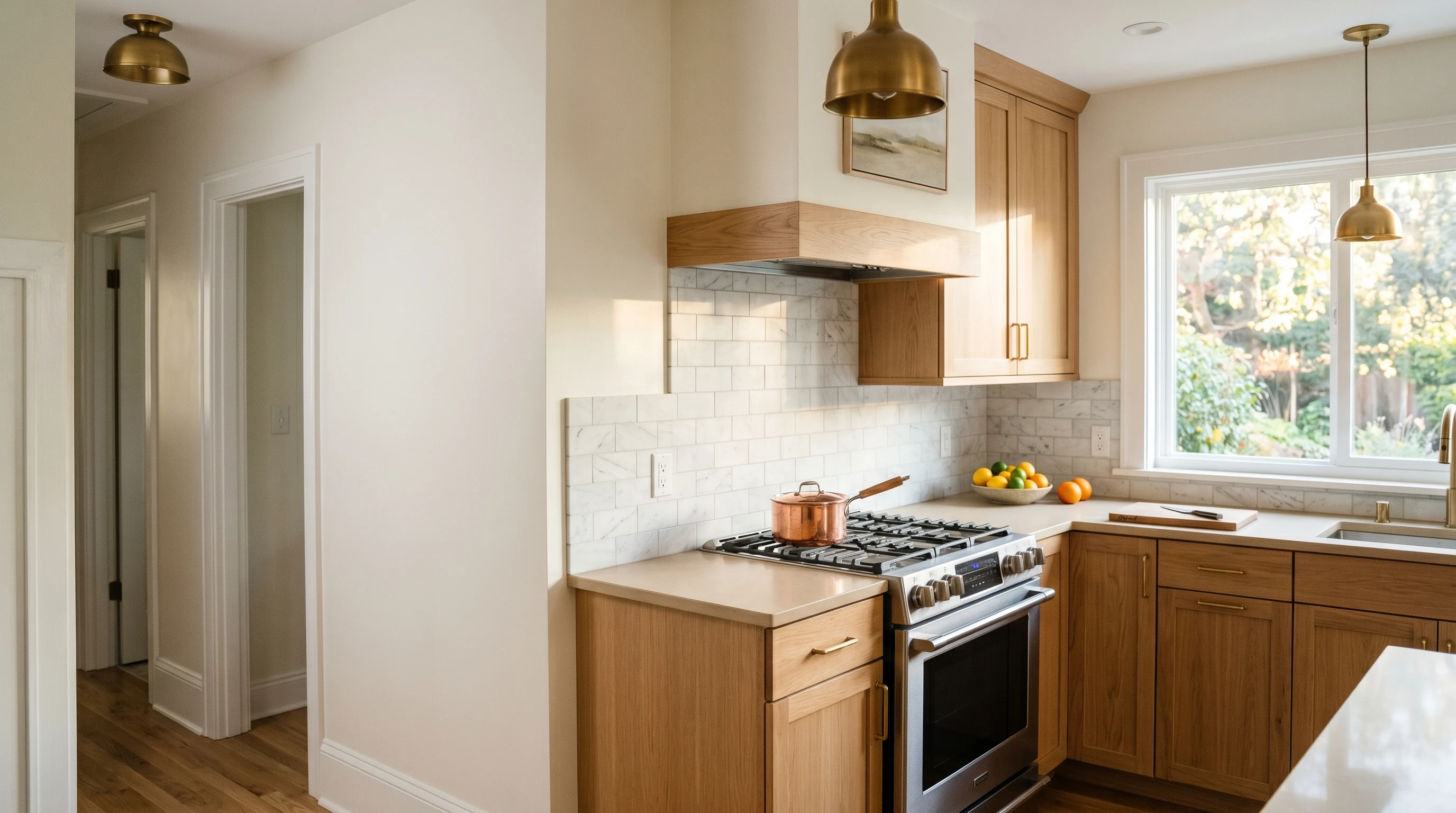 Bright contemporary American kitchen with freshly painted satin walls, flat white ceiling, and semi-gloss trim above a gas range with copper cookware
