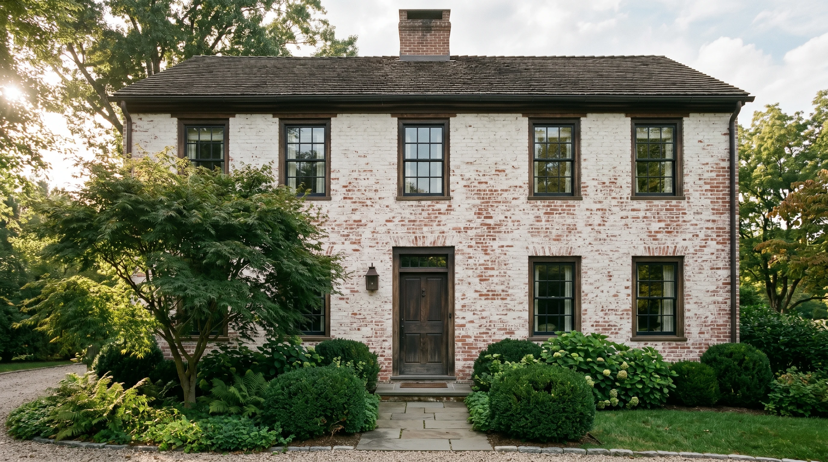 Limewashed historic red brick facade in soft afternoon light with black sash windows and a maple at the corner