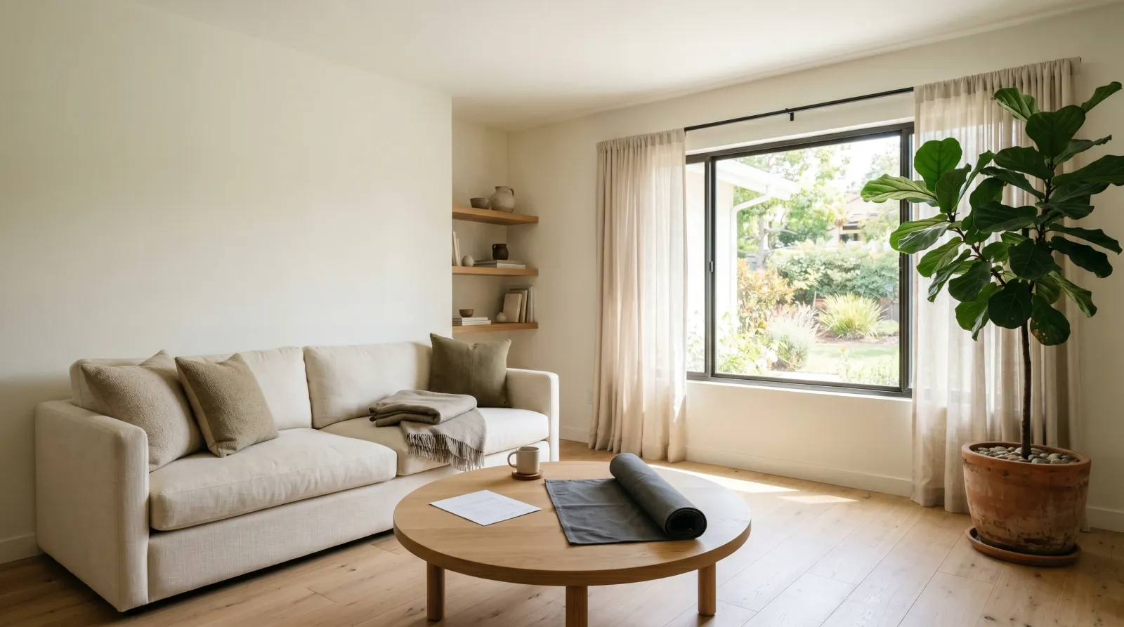 Bright California family room with freshly painted low-sheen walls, sheer curtains, oak floors, and a fiddle-leaf fig