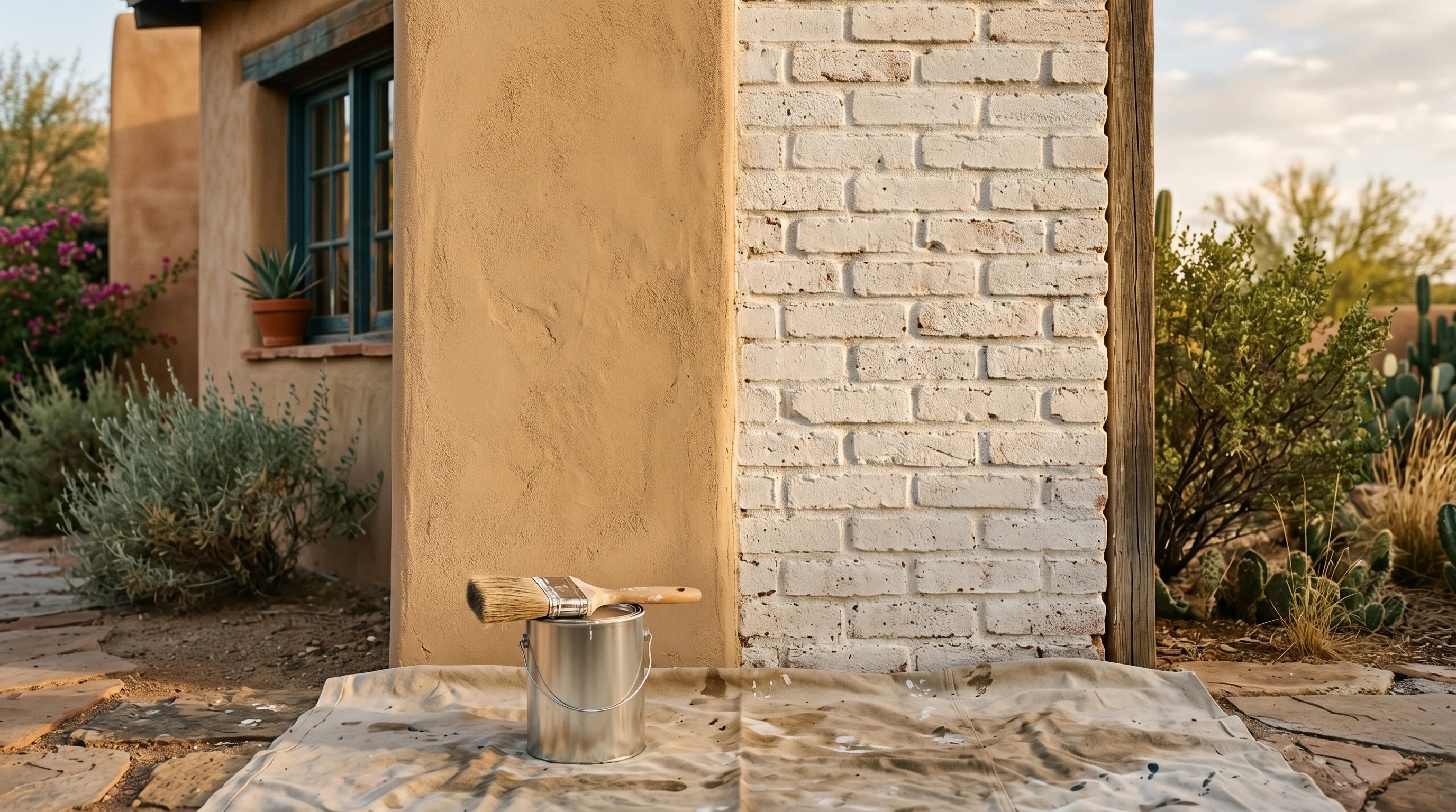 Half-stucco half-limewashed masonry wall in late afternoon sun with a brush and unbranded paint can on a drop cloth