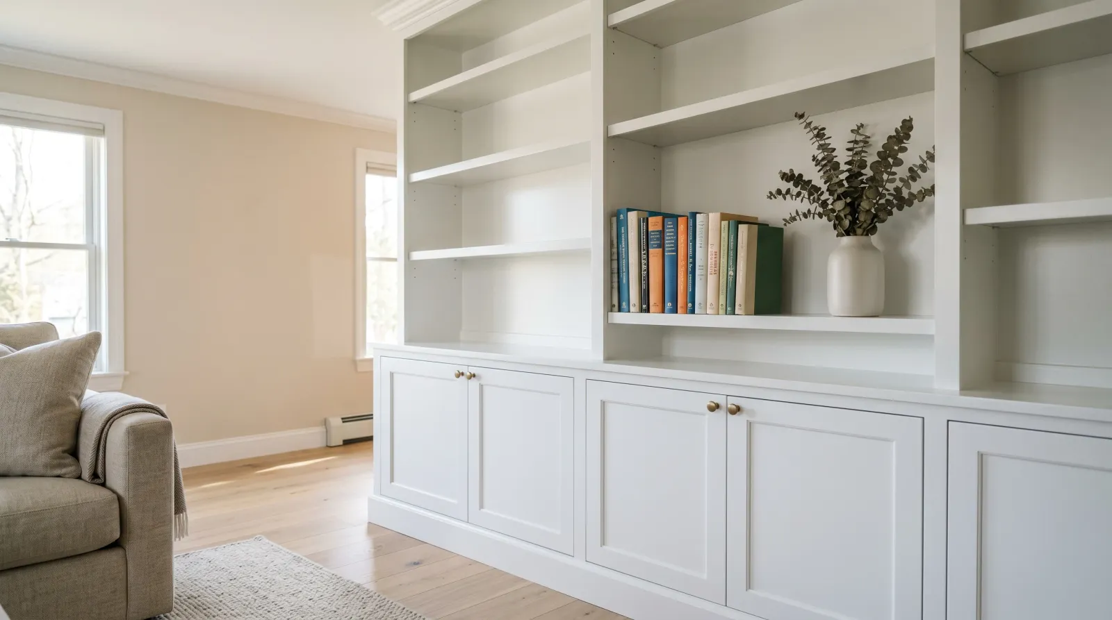 Freshly painted white MDF built-in bookcase with semi-gloss finish in a contemporary American living room, soft afternoon daylight