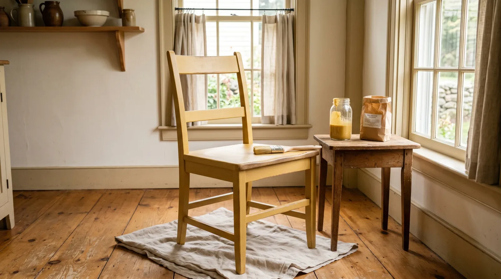 A mustard-yellow milk-painted Shaker oak chair with hemp-oil topcoat and worn edges, in a sunlit farmhouse kitchen with a glass mixing jar and natural-bristle brush