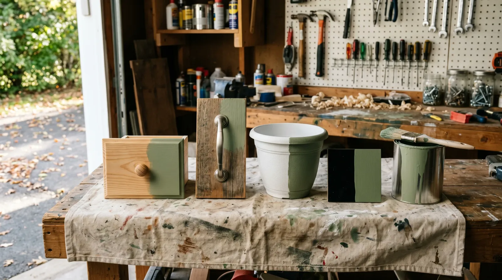 Four test pieces — wood, metal, plastic, laminate — partially repainted in sage green on a sunlit garage workbench