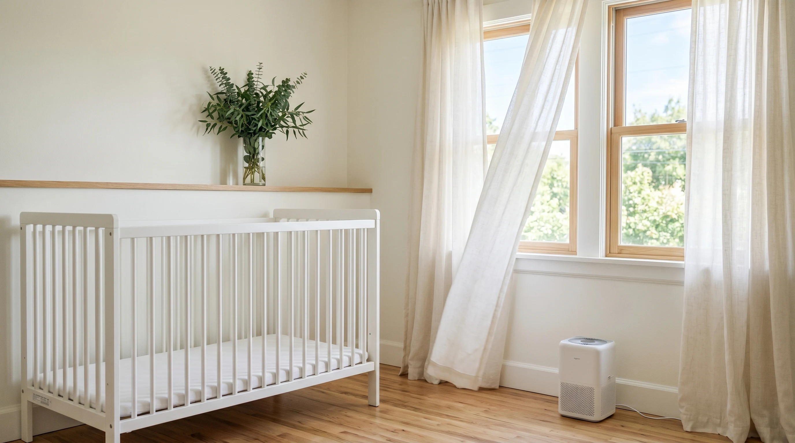 Freshly repainted nursery with open windows, soft white walls, an empty crib, and a portable air purifier on the floor