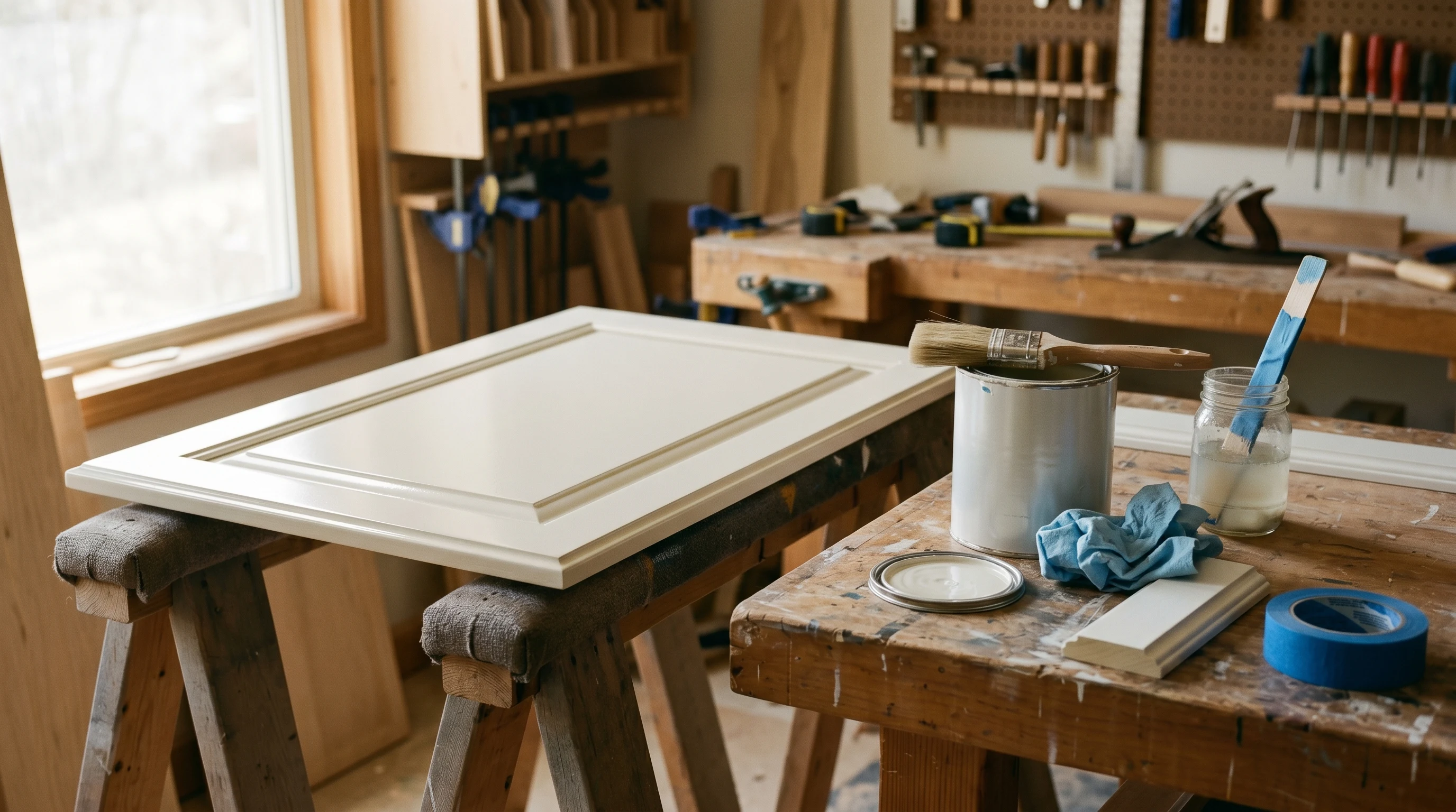 A freshly painted raised-panel cabinet door in glossy oil-based enamel on padded sawhorses in a custom millwork shop, with brush and quart can on the bench