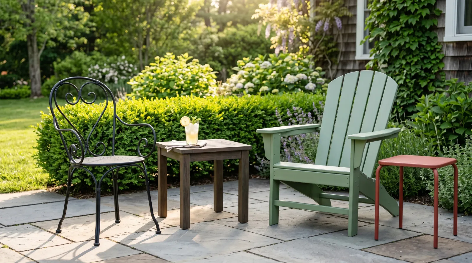 Freshly repainted outdoor furniture set on a sunlit patio — iron bistro chair, wood side table, resin Adirondack, small metal table in coordinated paint colors