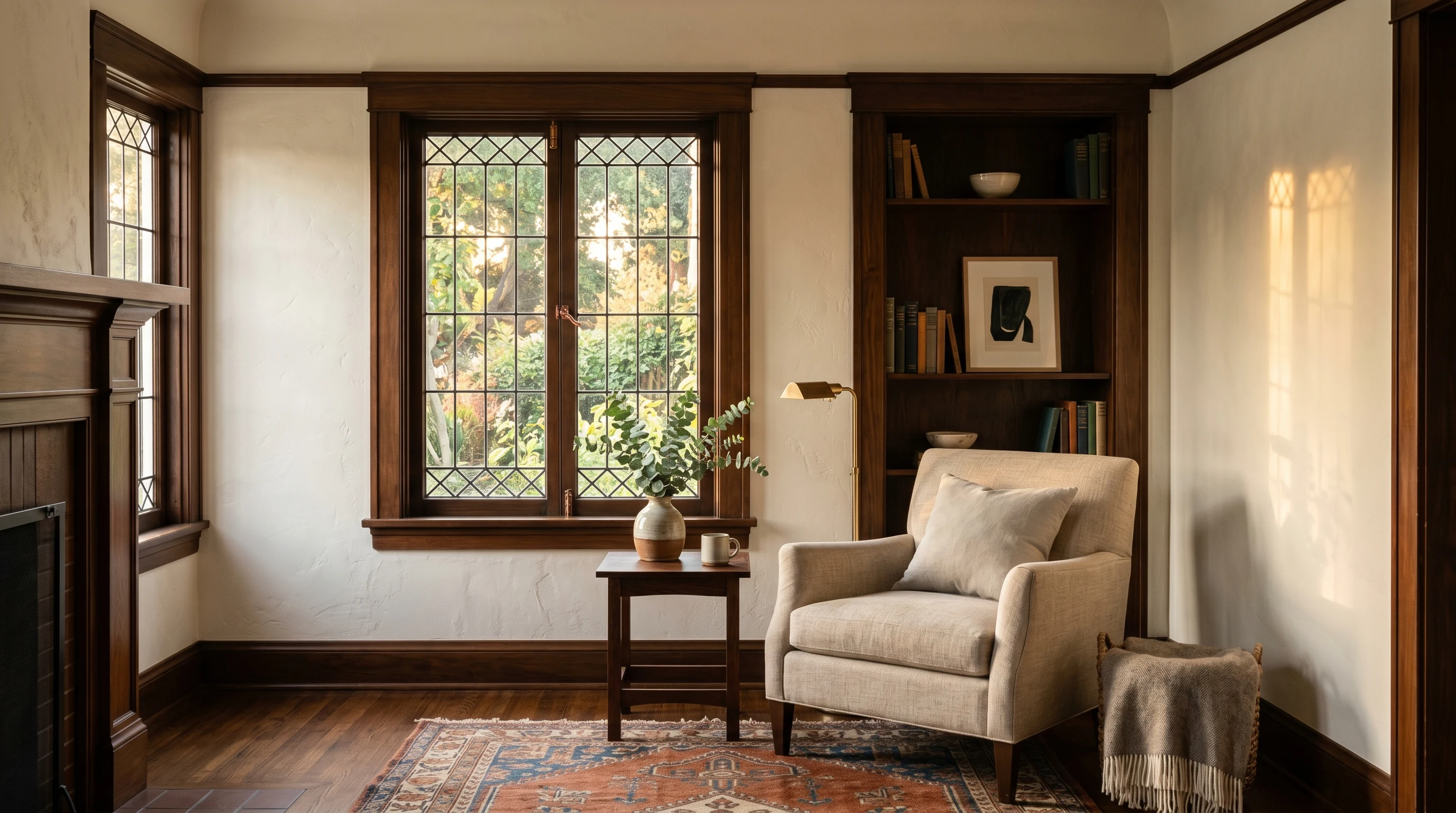 Restored 1920s living room with freshly painted lime-plaster walls in warm off-white, walnut trim, low afternoon light from a west window