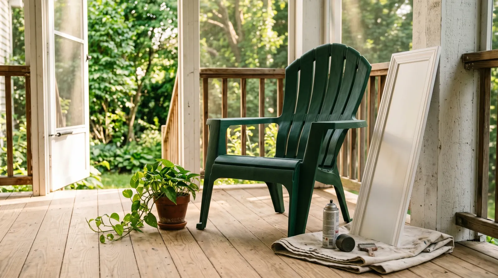Refinished plastic Adirondack chair in matte forest green next to repainted white PVC trim on a sunlit porch