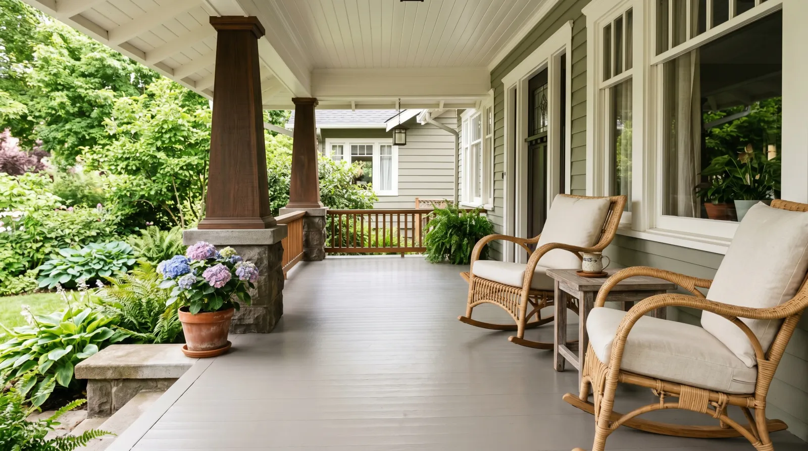 Freshly repainted covered Craftsman front porch with warm-gray low-sheen floor enamel, white ceiling, and rocking chairs in raking morning light