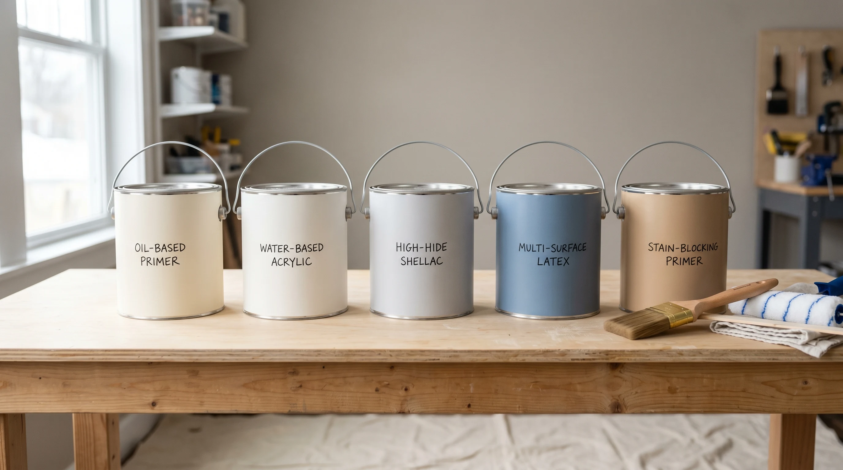 Five different 1-gallon primer cans lined up on a painter workbench in soft north-facing daylight, with brush and roller