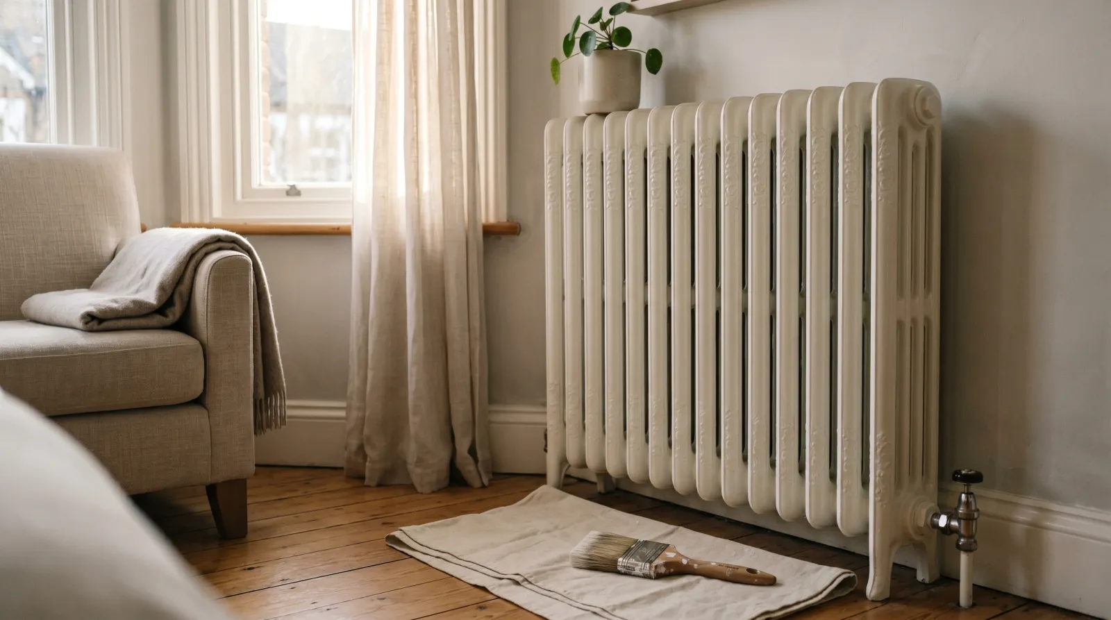 Freshly repainted cast-iron column radiator in a sunlit bedroom with oak floor, sheer curtains, and a folded drop cloth at the base