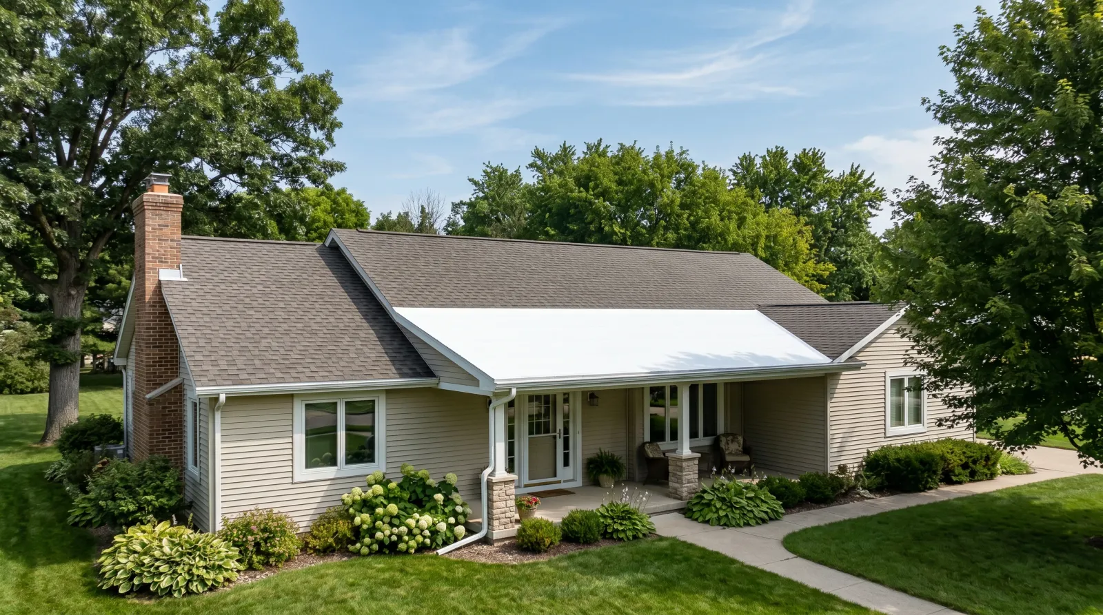 Residential ranch home with a freshly recoated reflective white low-slope porch roof beside a charcoal asphalt-shingled main roof under summer daylight