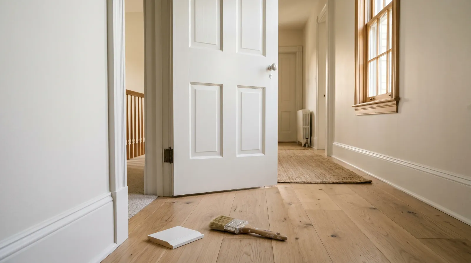 Freshly painted white satin interior trim along a hallway with a paneled door, warm raking daylight revealing the low-sheen finish