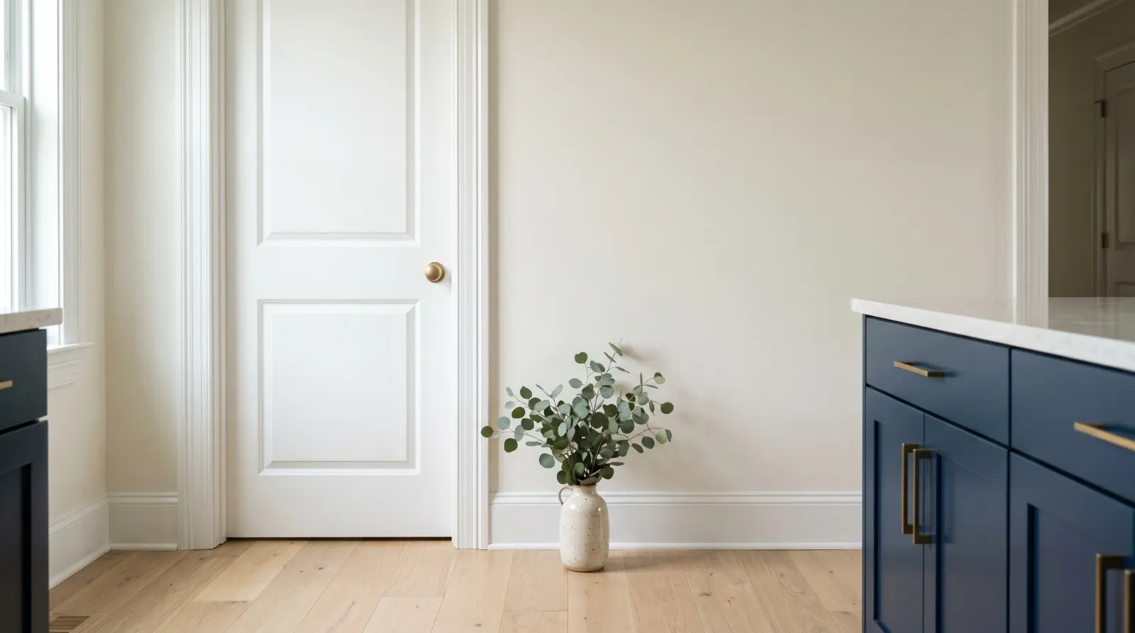 Bright interior corner with freshly painted semi-gloss white trim, door, and baseboard against a satin warm-white wall in afternoon daylight