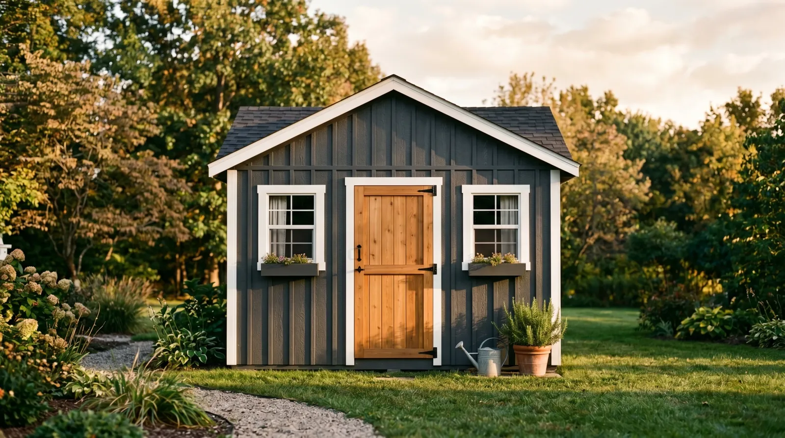 Charcoal board-and-batten backyard shed with white trim and a cedar door in golden-hour light