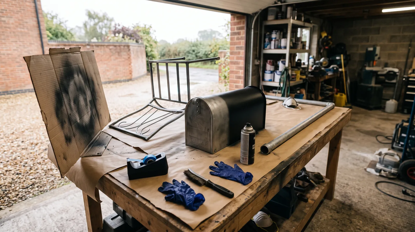 Garage workbench set up for spraying metal, with a wrought-iron chair frame, galvanized pipe rail, and steel mailbox on kraft paper, one piece half-coated in satin black